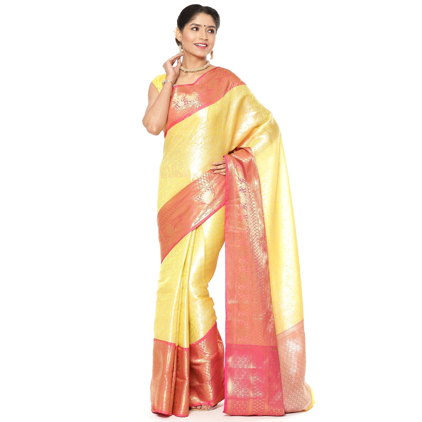 Faishana Presents Presents Yellow Kanchi Silk Zari Brocade Contrast Zari Brocade Strawberry Pattu Border Banarasi Saree.