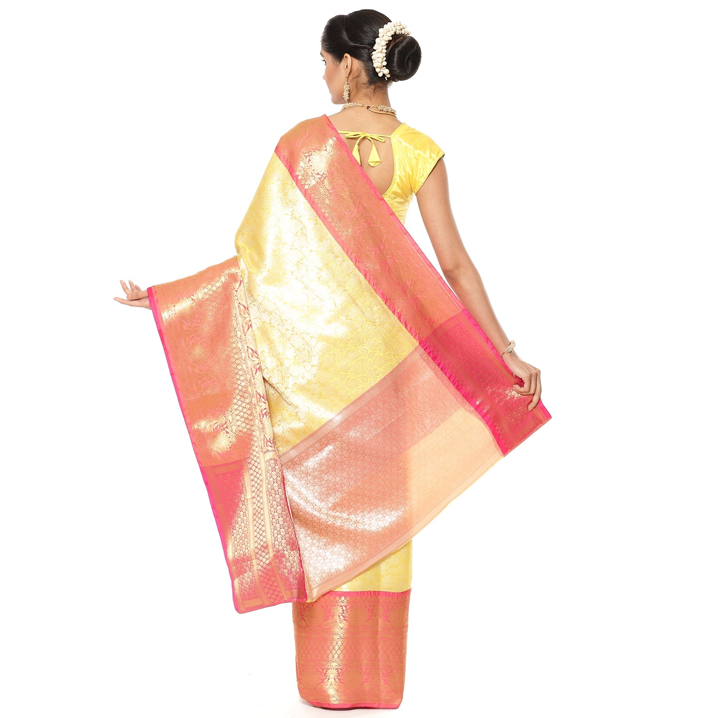 Faishana Presents Presents Yellow Kanchi Silk Zari Brocade Contrast Zari Brocade Strawberry Pattu Border Banarasi Saree.