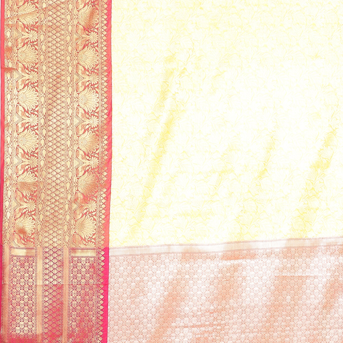 Faishana Presents Presents Yellow Kanchi Silk Zari Brocade Contrast Zari Brocade Strawberry Pattu Border Banarasi Saree.