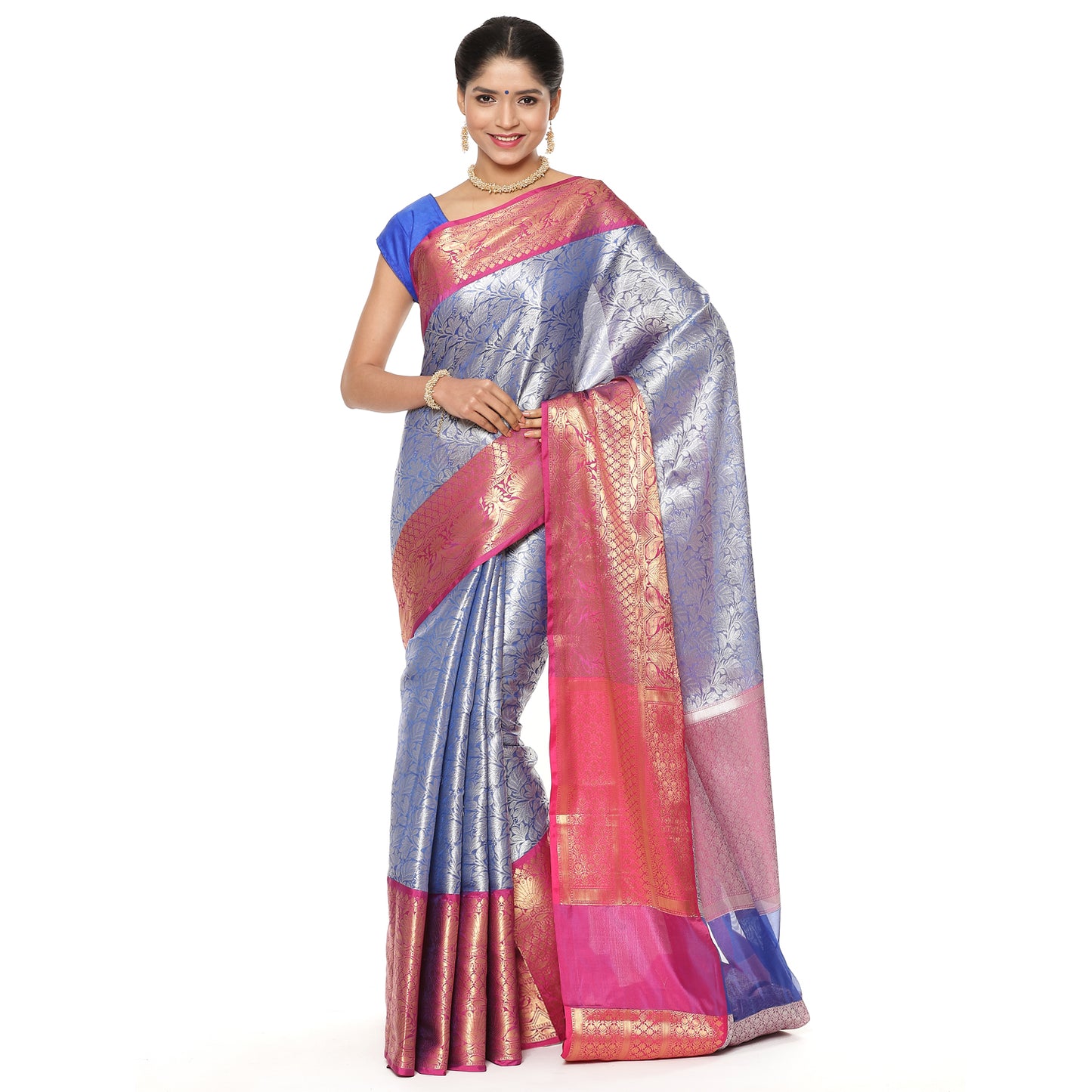 Faishana Presents Presents Blue Kanchi Silk Zari Brocade Contrast Zari Brocade Magenta Pattu Border Banarasi Saree.