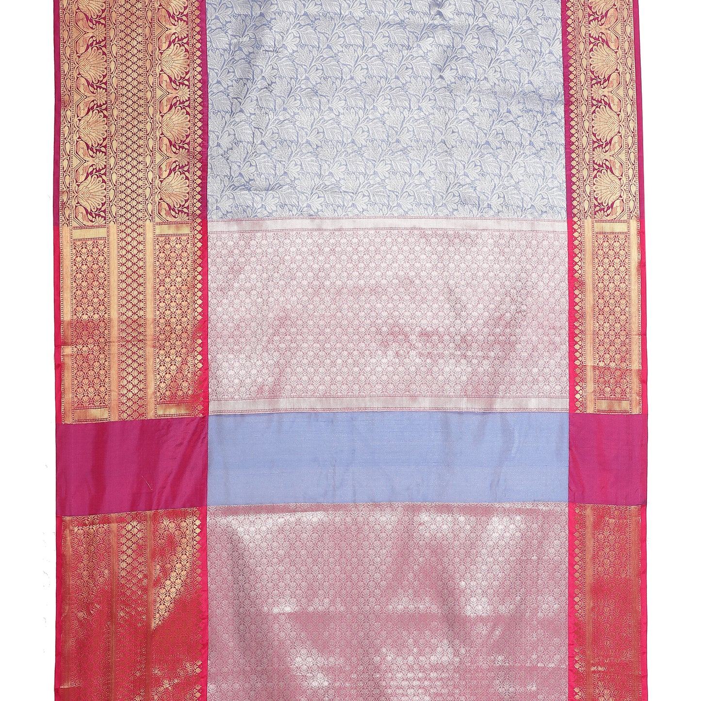 Faishana Presents Presents Blue Kanchi Silk Zari Brocade Contrast Zari Brocade Magenta Pattu Border Banarasi Saree.