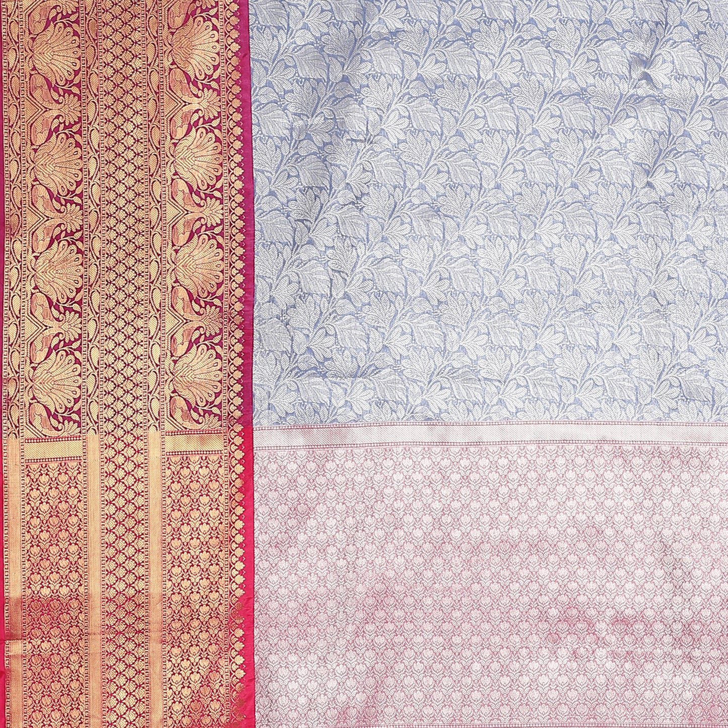 Faishana Presents Presents Blue Kanchi Silk Zari Brocade Contrast Zari Brocade Magenta Pattu Border Banarasi Saree.