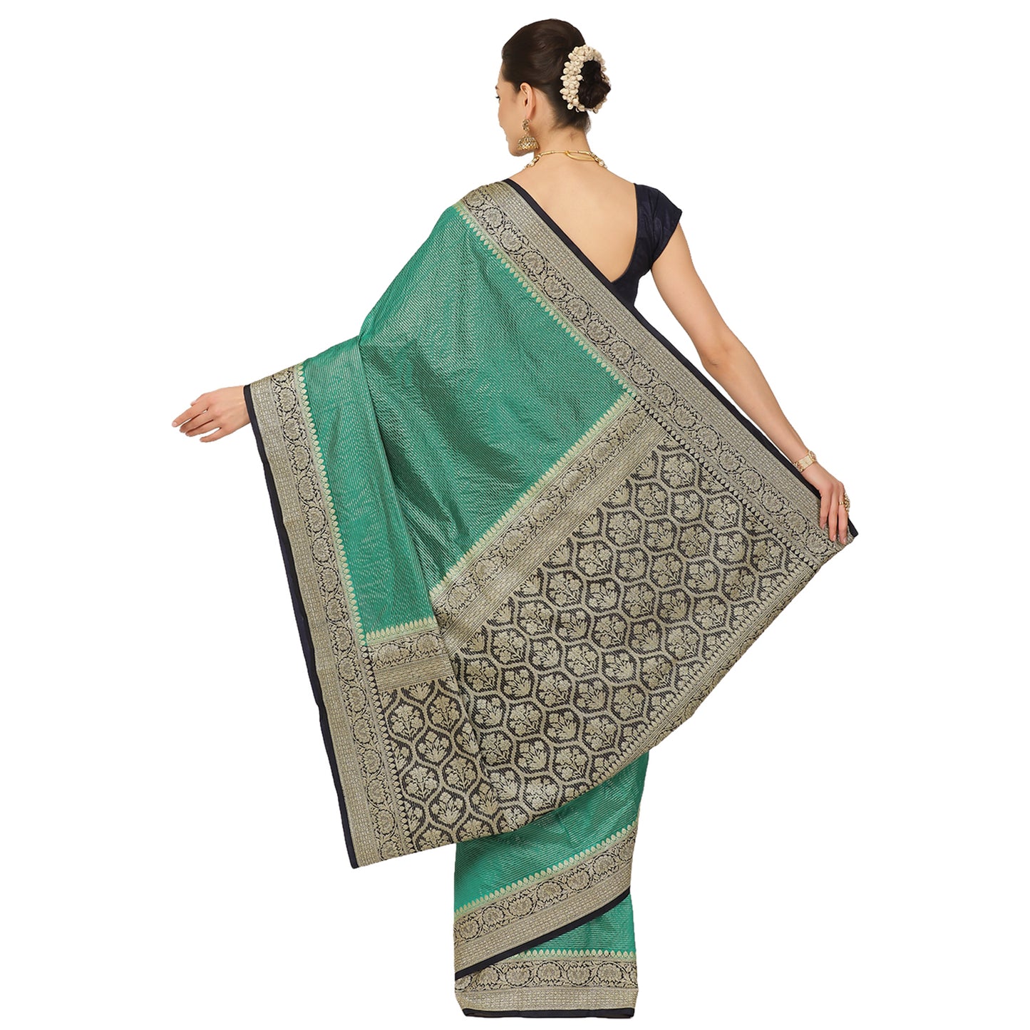 Faishana Presents Green Organza Striped Contrast Black Kadiyal Border Banarasi Saree