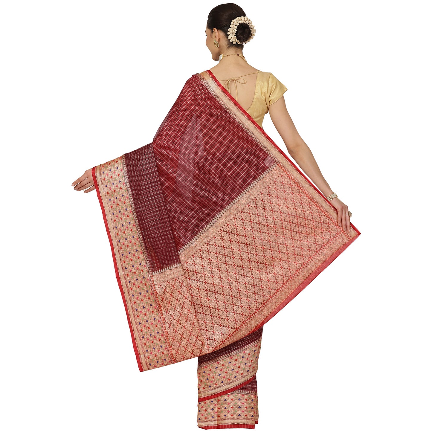 Faishana Presents Brown Organza Zari Check With Skirt Tilfi Kadiyal Contrast Border Banarasi Saree