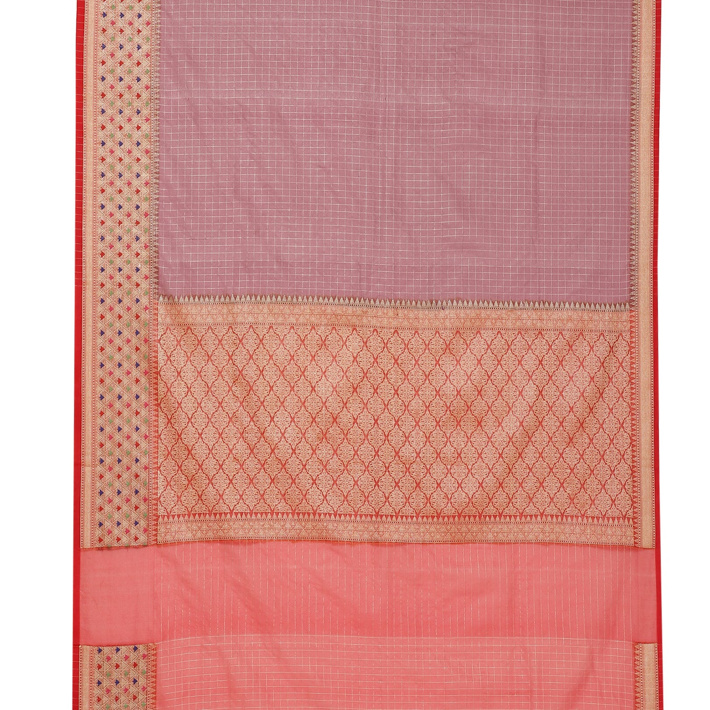 Faishana Presents Brown Organza Zari Check With Skirt Tilfi Kadiyal Contrast Border Banarasi Saree