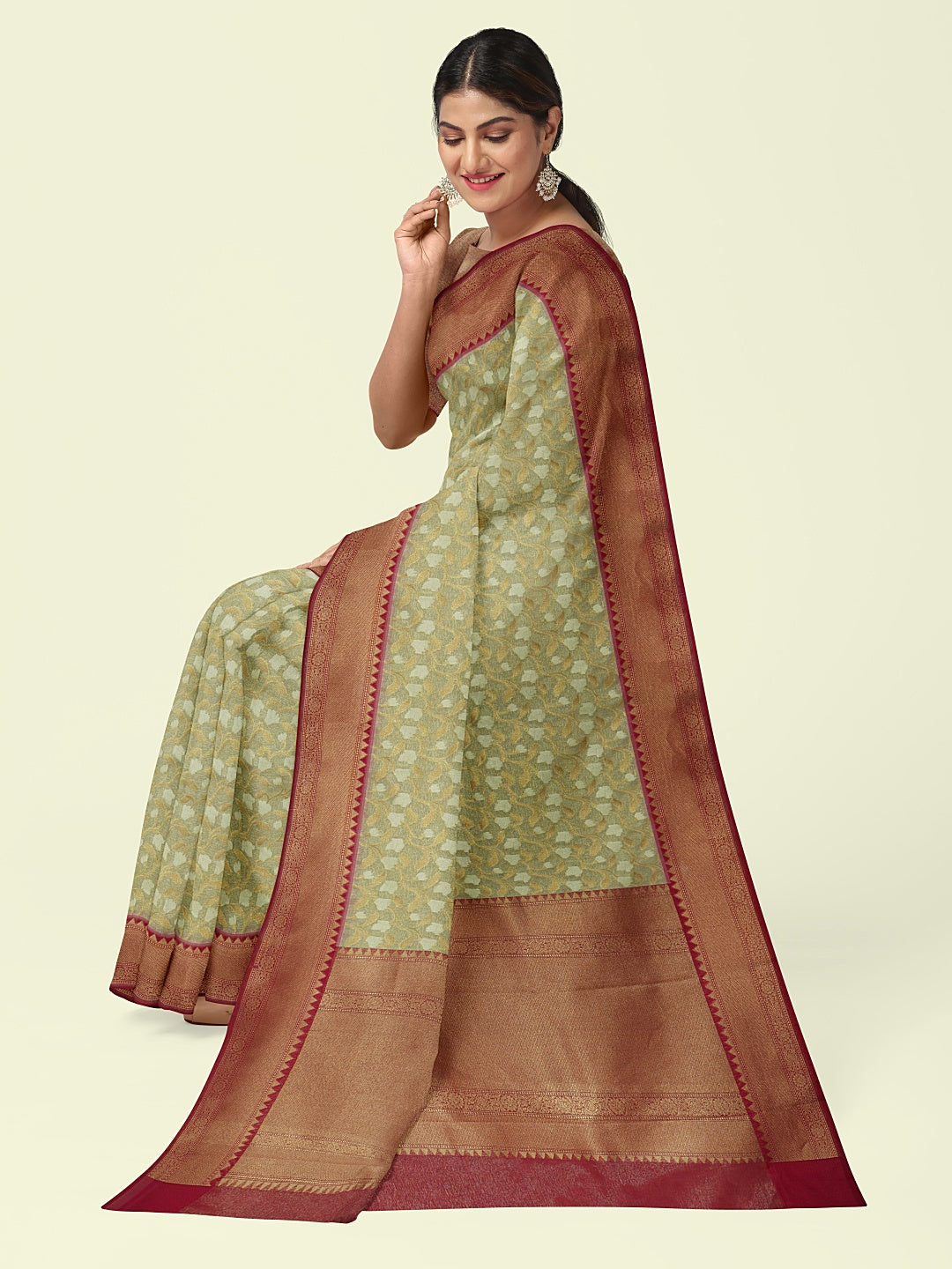Faishana Presents Presents Off White Cotton Floral Jaal Pattern Banarasi Pink Border Saree