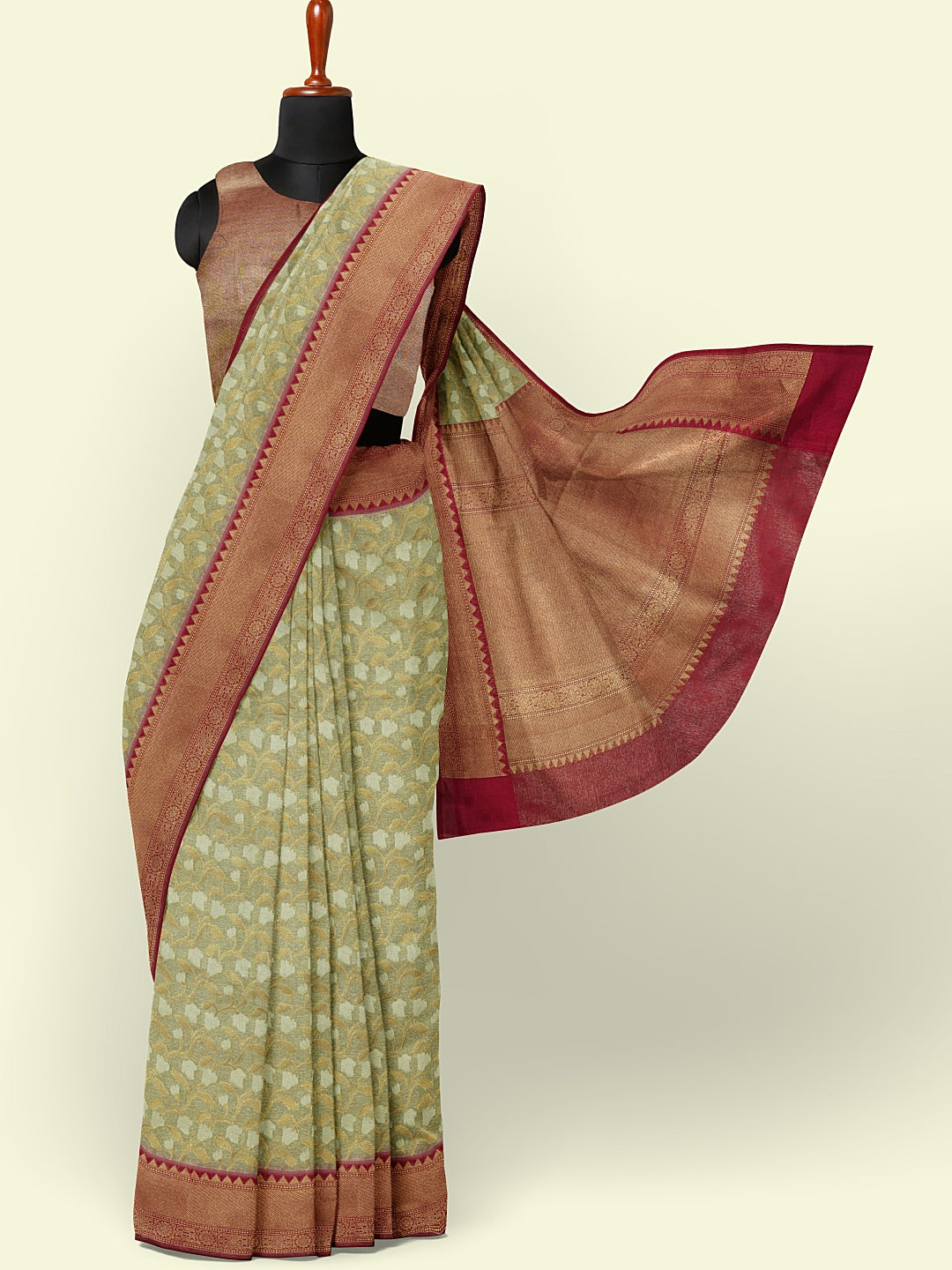 Faishana Presents Presents Off White Cotton Floral Jaal Pattern Banarasi Pink Border Saree