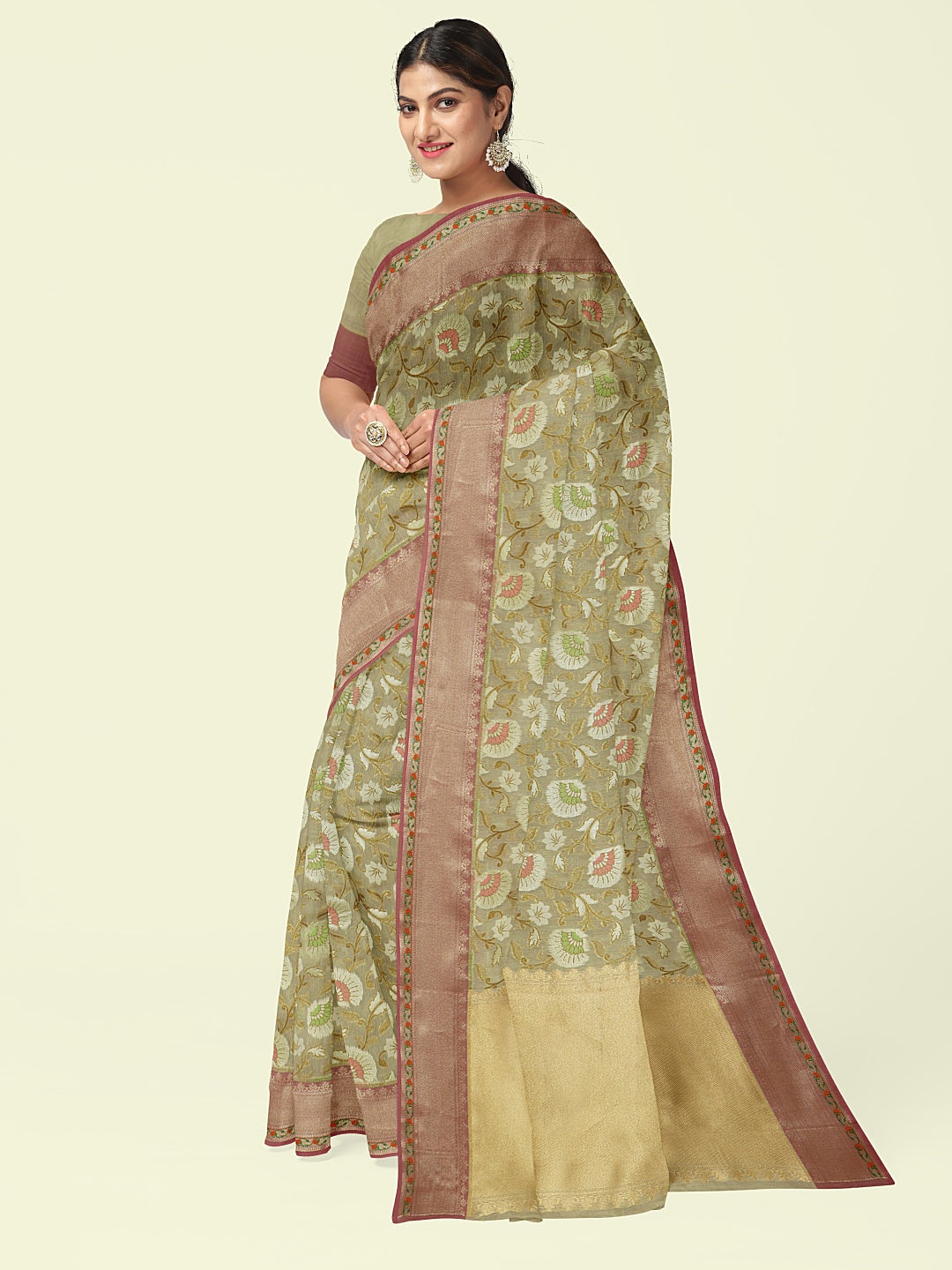 Faishana Presents Presents Beige Cotton Tilfi Meena Jaal With Beige Border Banarasi Saree