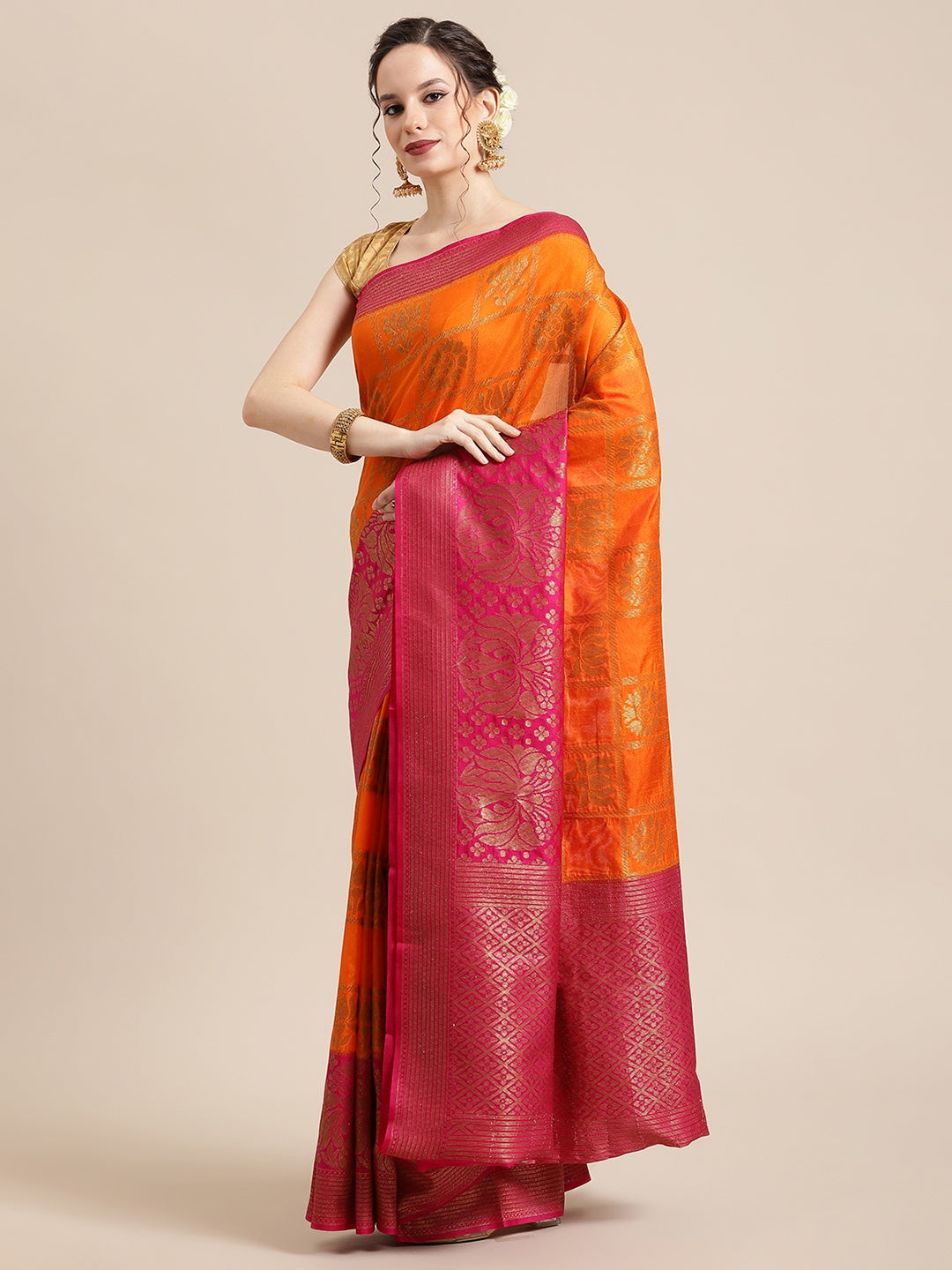 Faishana Presents Handwoven Orange Dupion Silk Jaal Skirt Border With Pink Blouse Banarasi Saree