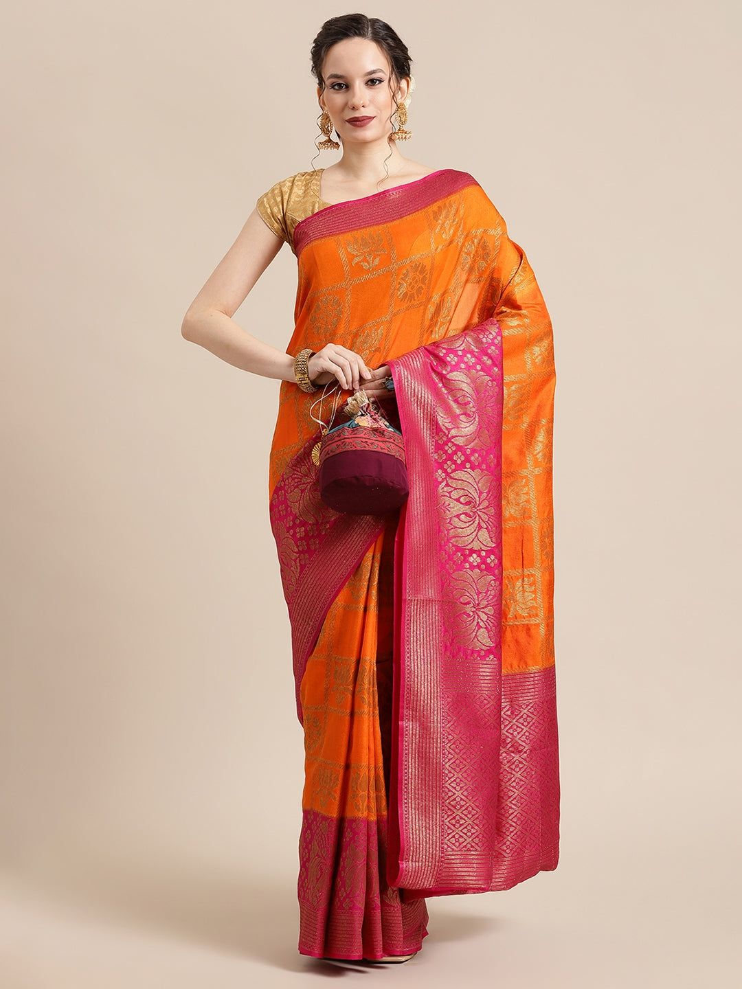 Faishana Presents Handwoven Orange Dupion Silk Jaal Skirt Border With Pink Blouse Banarasi Saree