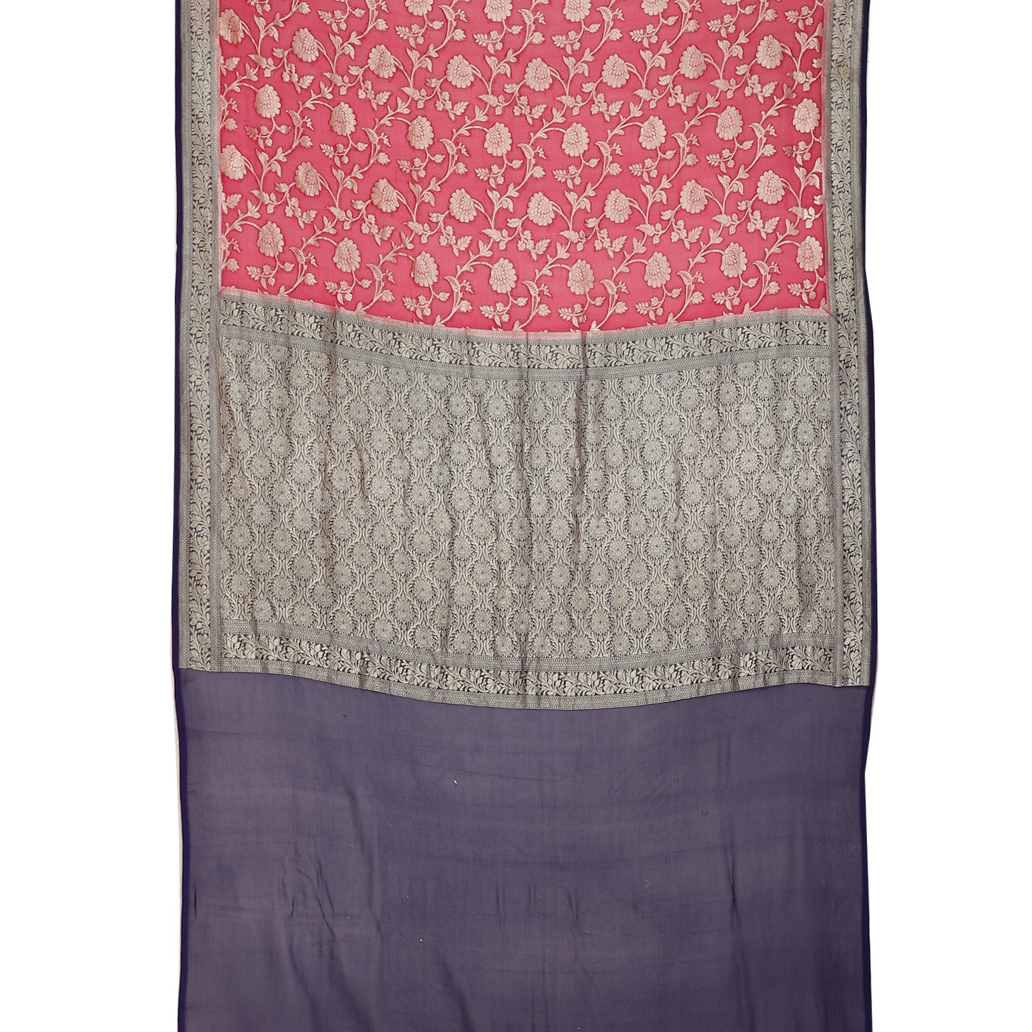 Faishana Presents Pink Pure Banarasi Khaddi Chiffon Georgette Zari Jaal Weaving Kadiyal Blue Border.