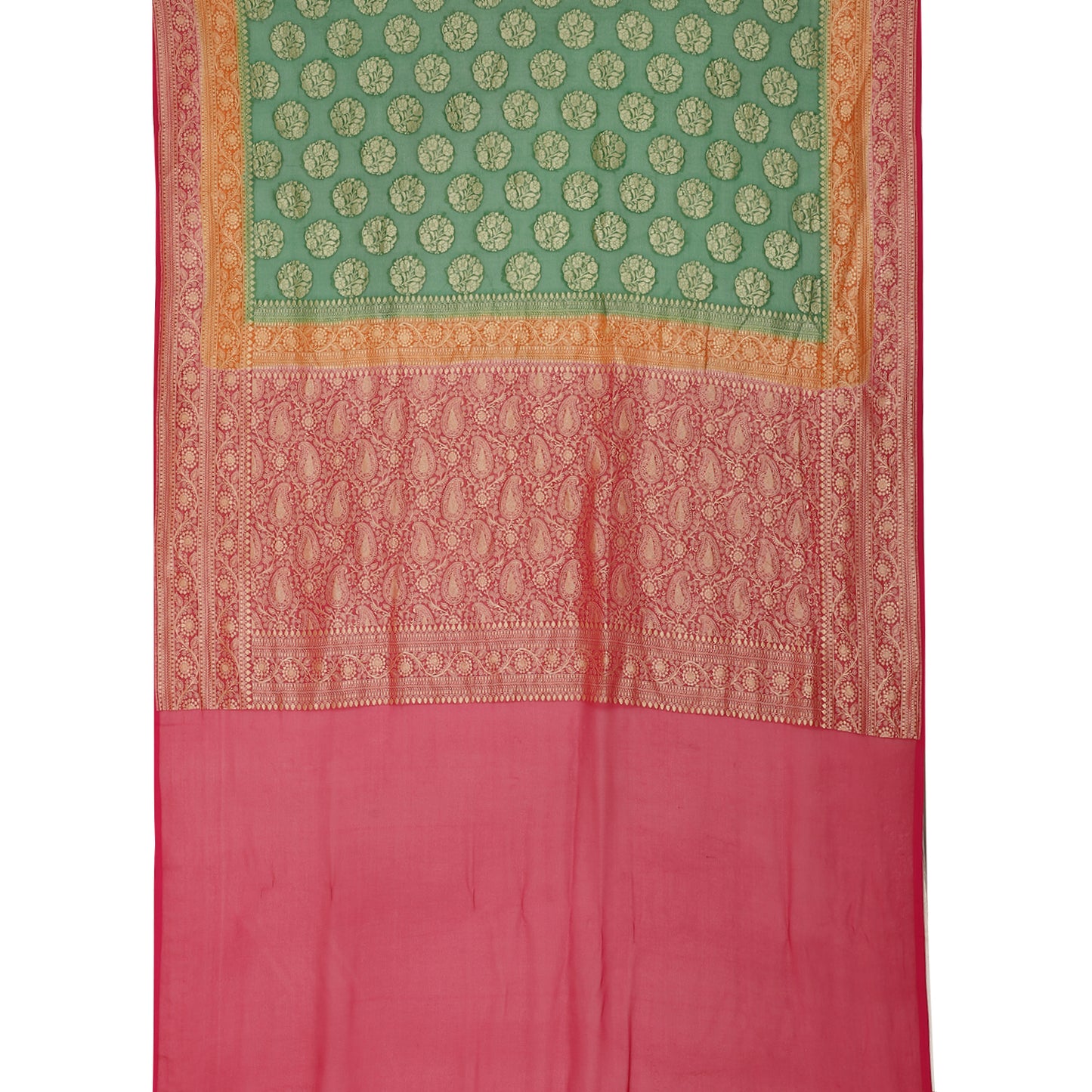 Faishana Presents Green Pure Banarasi Khaddi Chiffon Georgette Zari Boota Weaving Kadiyal 3D Border.