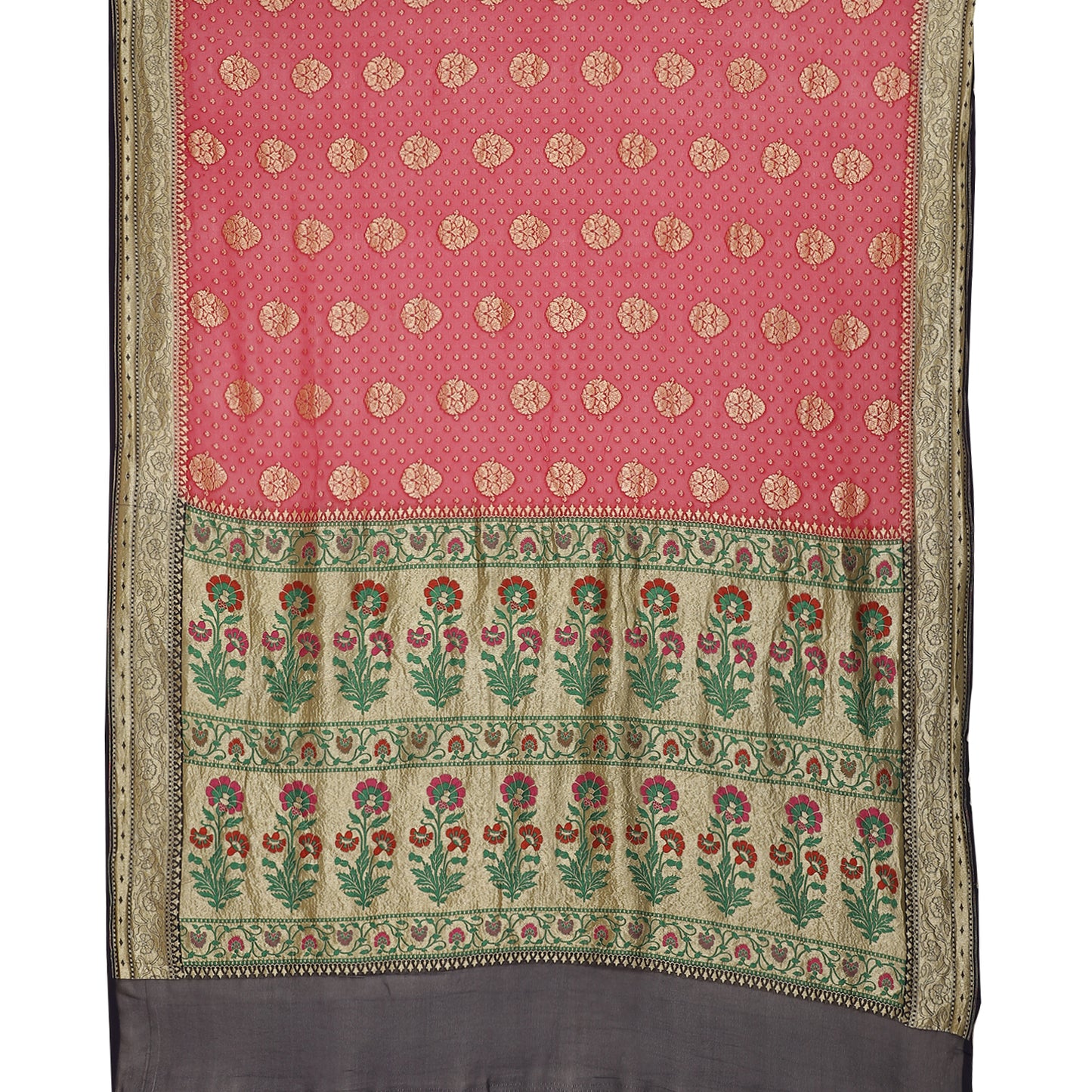 Faishana Presents Magenta Pure Banarasi Khaddi Chiffon Georgette Zari Chunri Booti Boota Paithani Anchal Weaving Kadiyal Navy Blue Border.