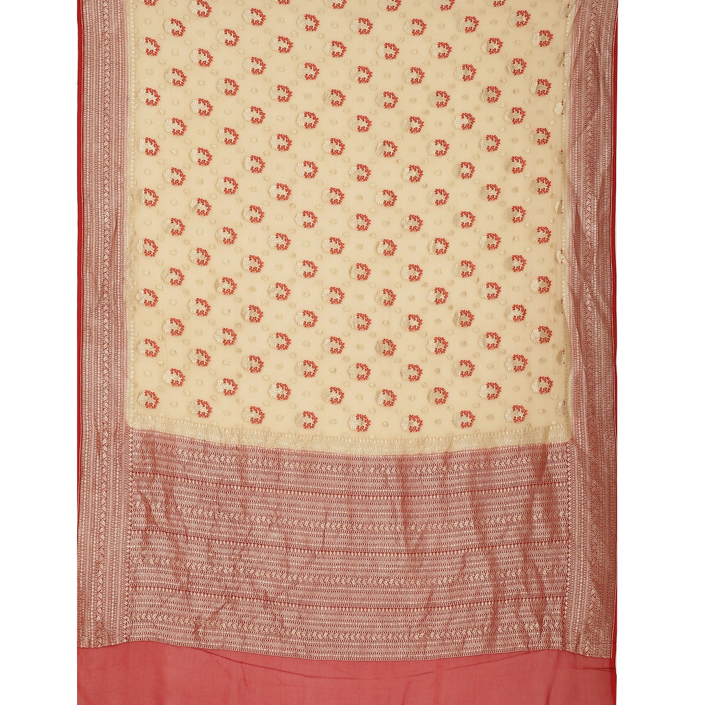 Faishana Presents Beige Pure Banarasi Khaddi Chiffon Georgette Golder Zari Meena Booti Boota Weaving Kadiyal Red Border.