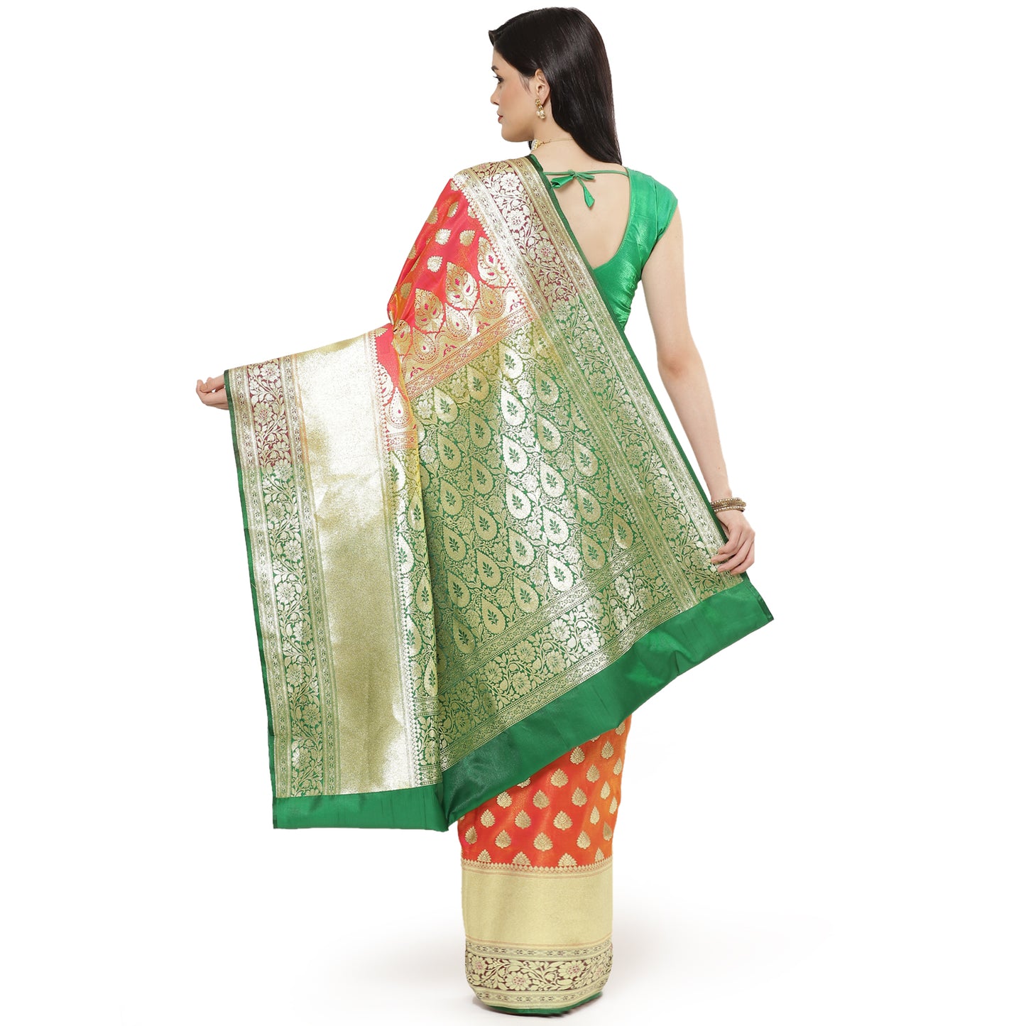 Faishana Presents Brown Mughal Motif Satin Silk Banarasi Saree Kaanchi Skirt Kadiyal Green Borde