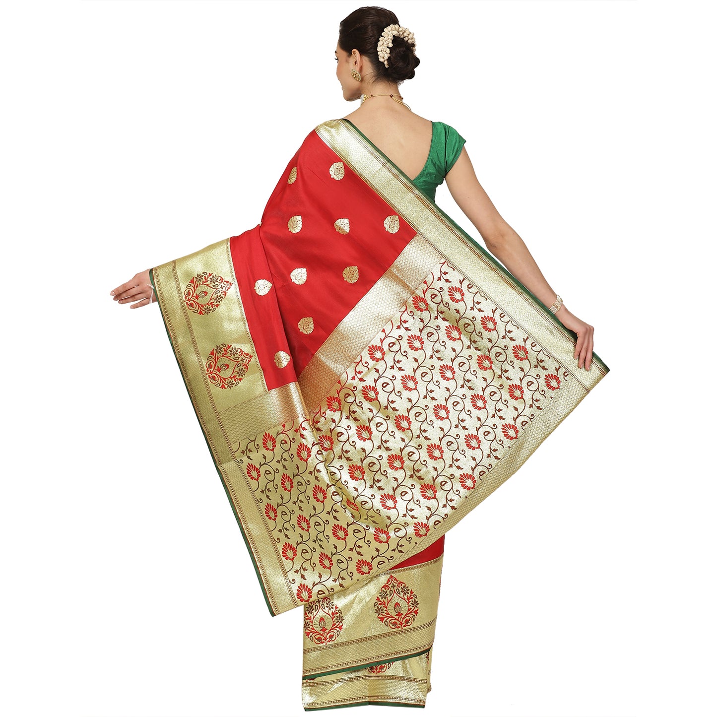 Faishana Presents Red Boota Mughal Motif Satin Silk Banarasi Saree Paithani Anchal Paithani Skirt Green Border