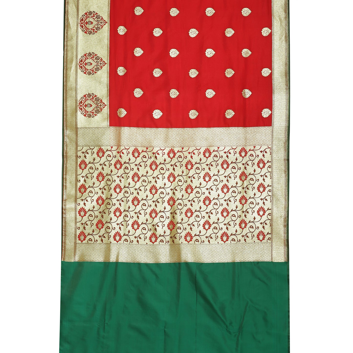 Faishana Presents Red Boota Mughal Motif Satin Silk Banarasi Saree Paithani Anchal Paithani Skirt Green Border