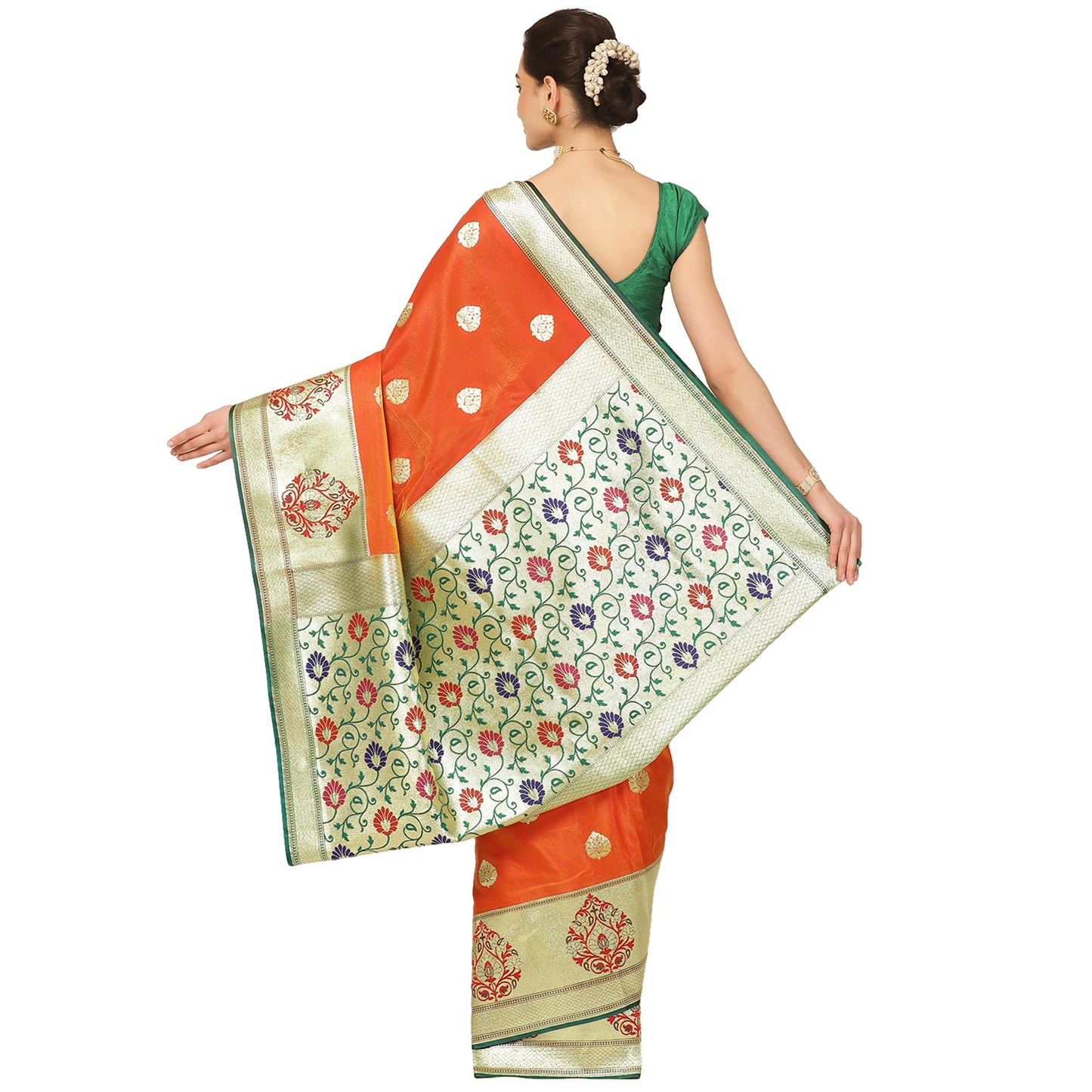 Faishana Presents Brown Boota Mughal Motif Satin Silk Banarasi Saree Paithani Anchal Paithani Skirt Green Border