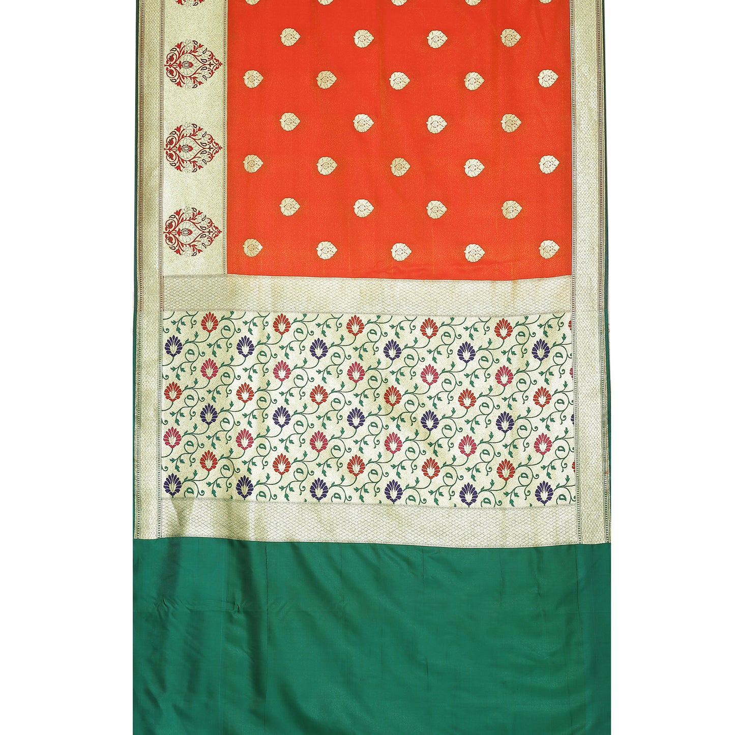 Faishana Presents Brown Boota Mughal Motif Satin Silk Banarasi Saree Paithani Anchal Paithani Skirt Green Border