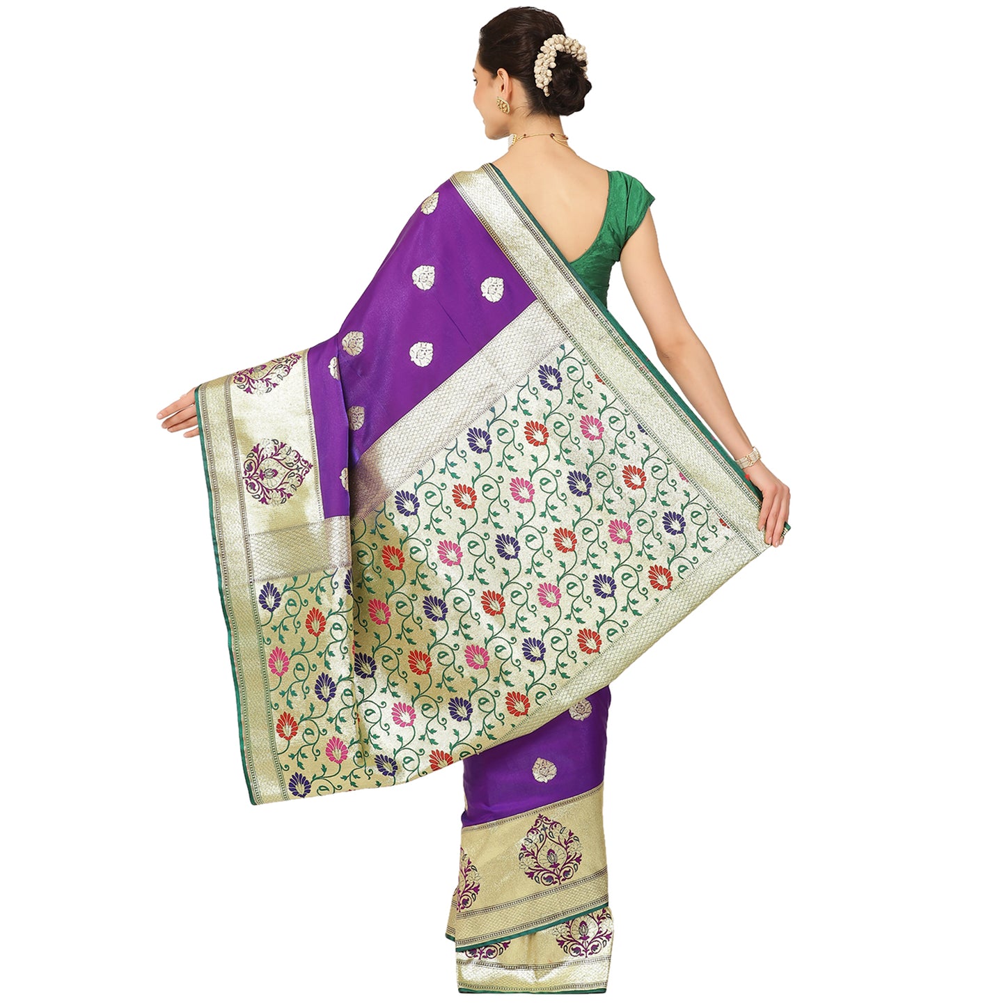 Faishana Presents Purple Boota Mughal Motif Satin Silk Banarasi Saree Paithani Anchal Paithani Skirt Green Border