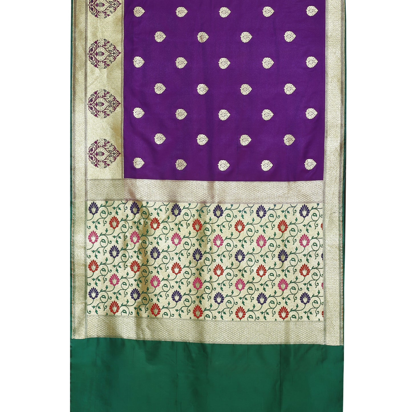 Faishana Presents Purple Boota Mughal Motif Satin Silk Banarasi Saree Paithani Anchal Paithani Skirt Green Border