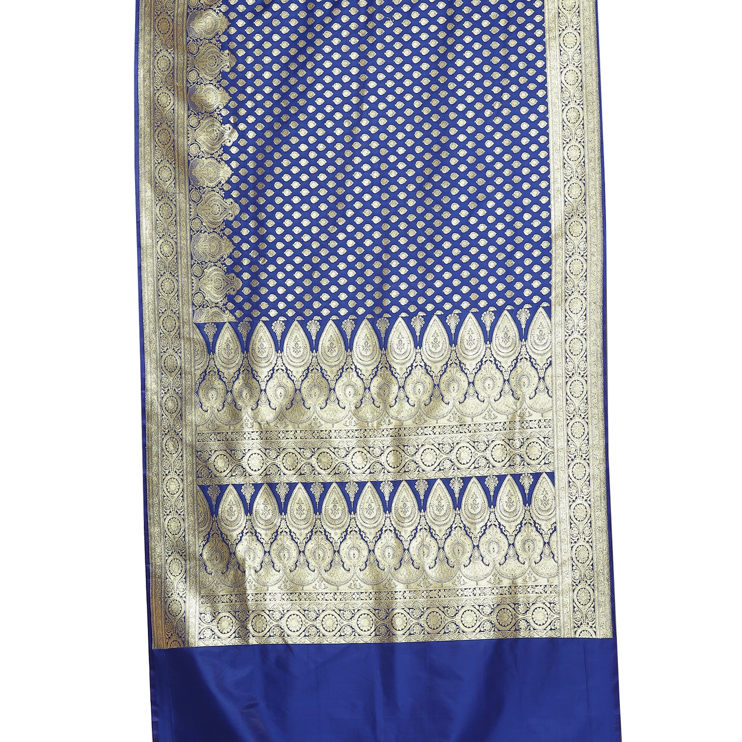 Faishana Presents Royal Blue Booti Paatli Half Half Mughal Motif Satin Silk Banarasi Saree With Skirt Borde