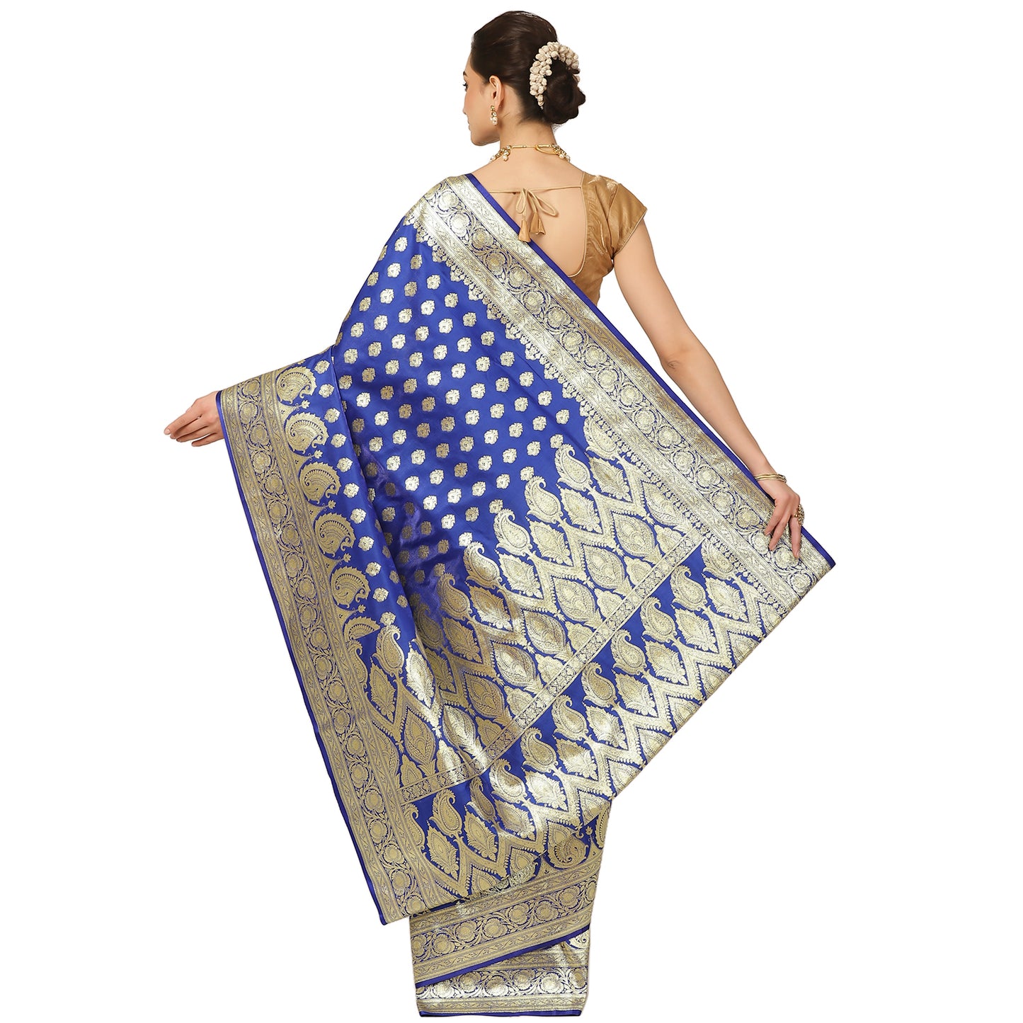Faishana Presents Royal Blue Mughal Motif Banarasi Satin Silk Saree With Skirt Borde