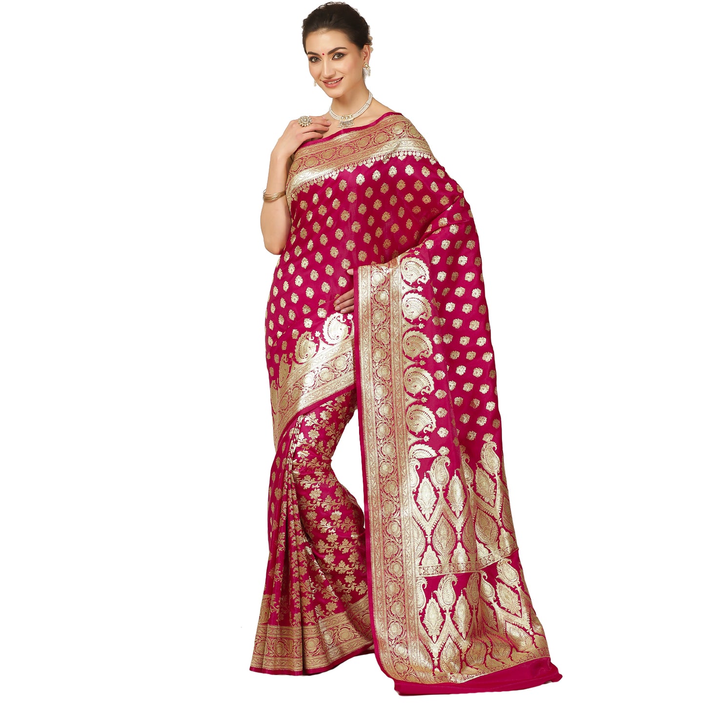 Faishana Presents Pink Mughal Motif Banarasi Satin Silk Saree With Skirt Borde
