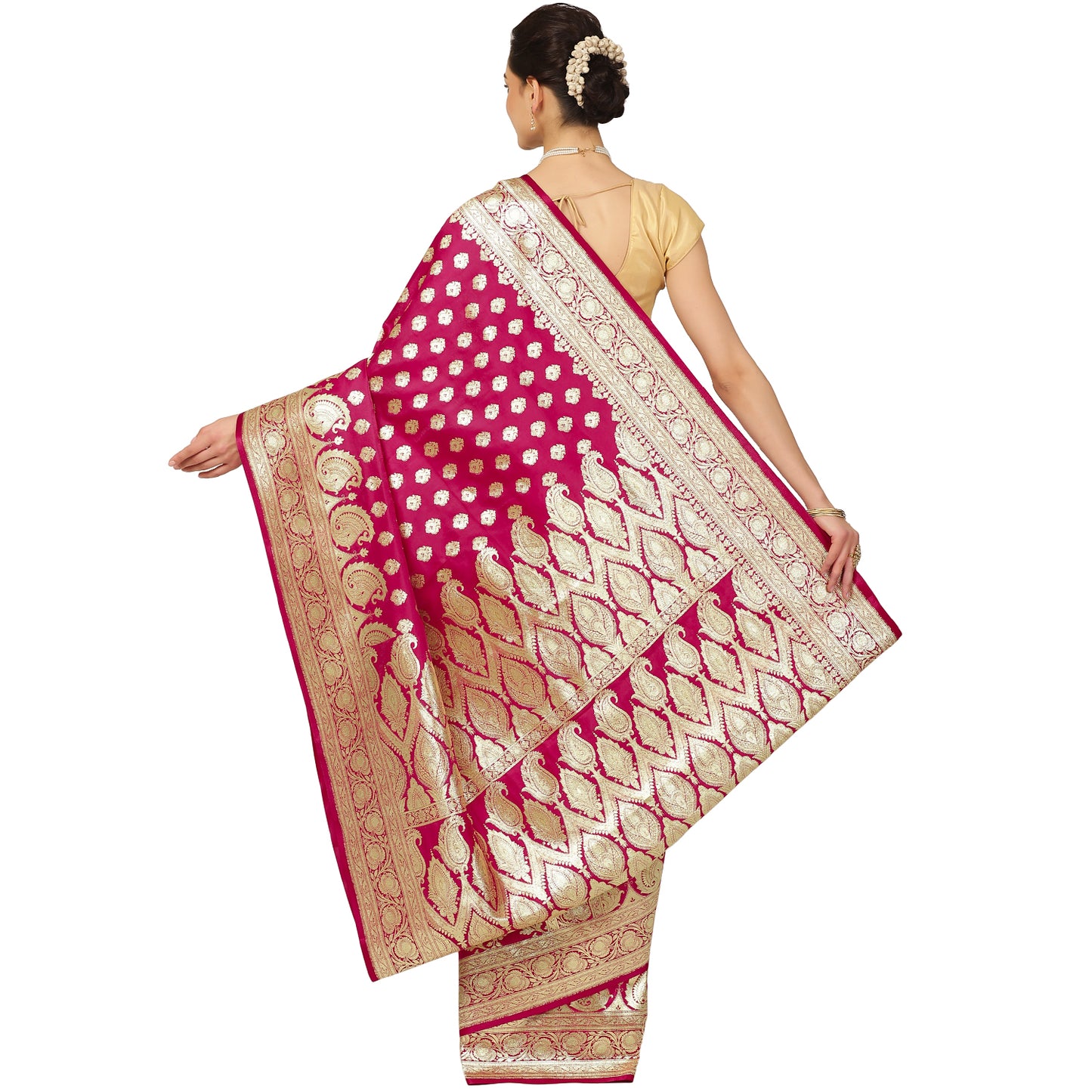 Faishana Presents Pink Mughal Motif Banarasi Satin Silk Saree With Skirt Borde