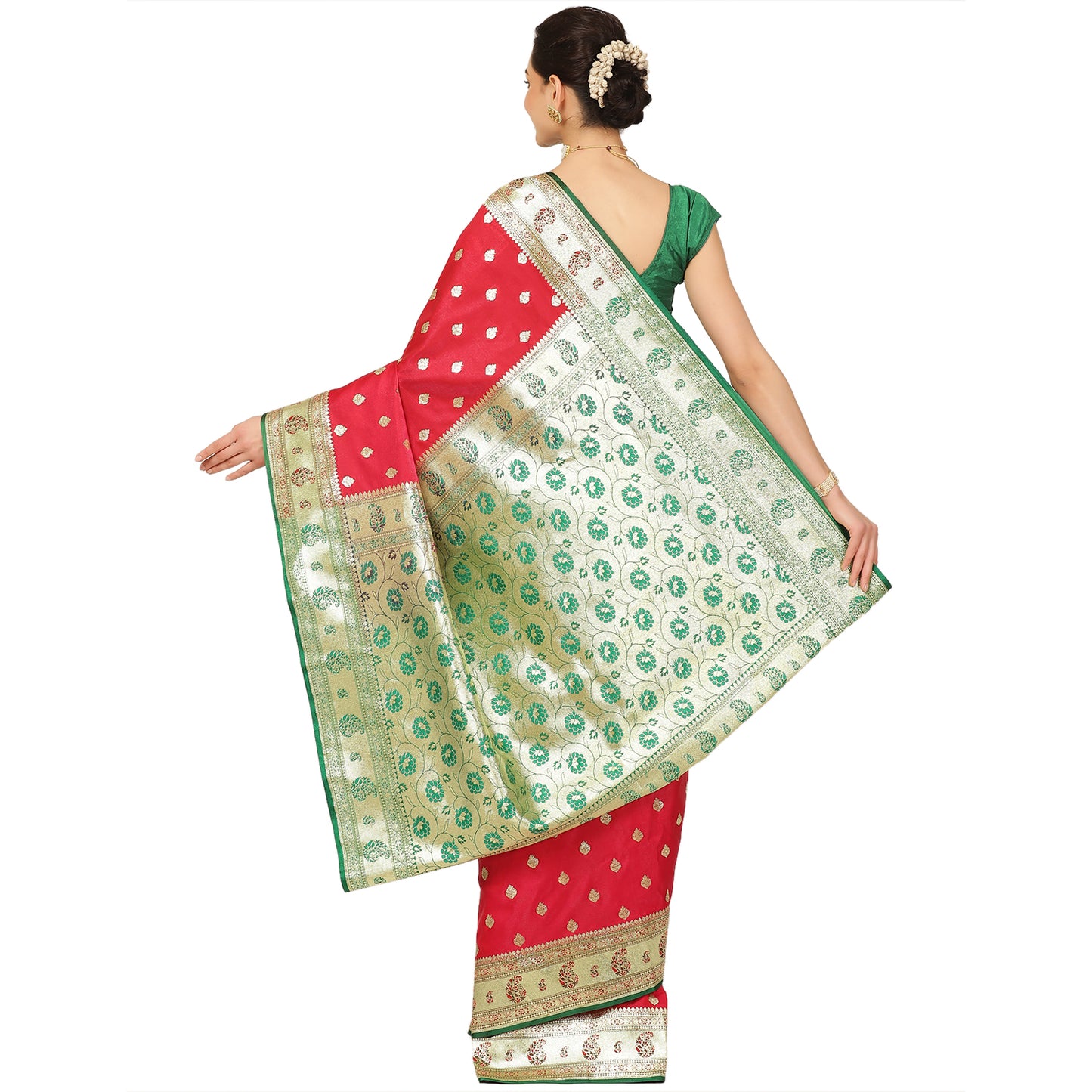 Faishana Presents Red Booti Mughal Motif Satin Silk Banarasi Saree With Paithani Green Borde