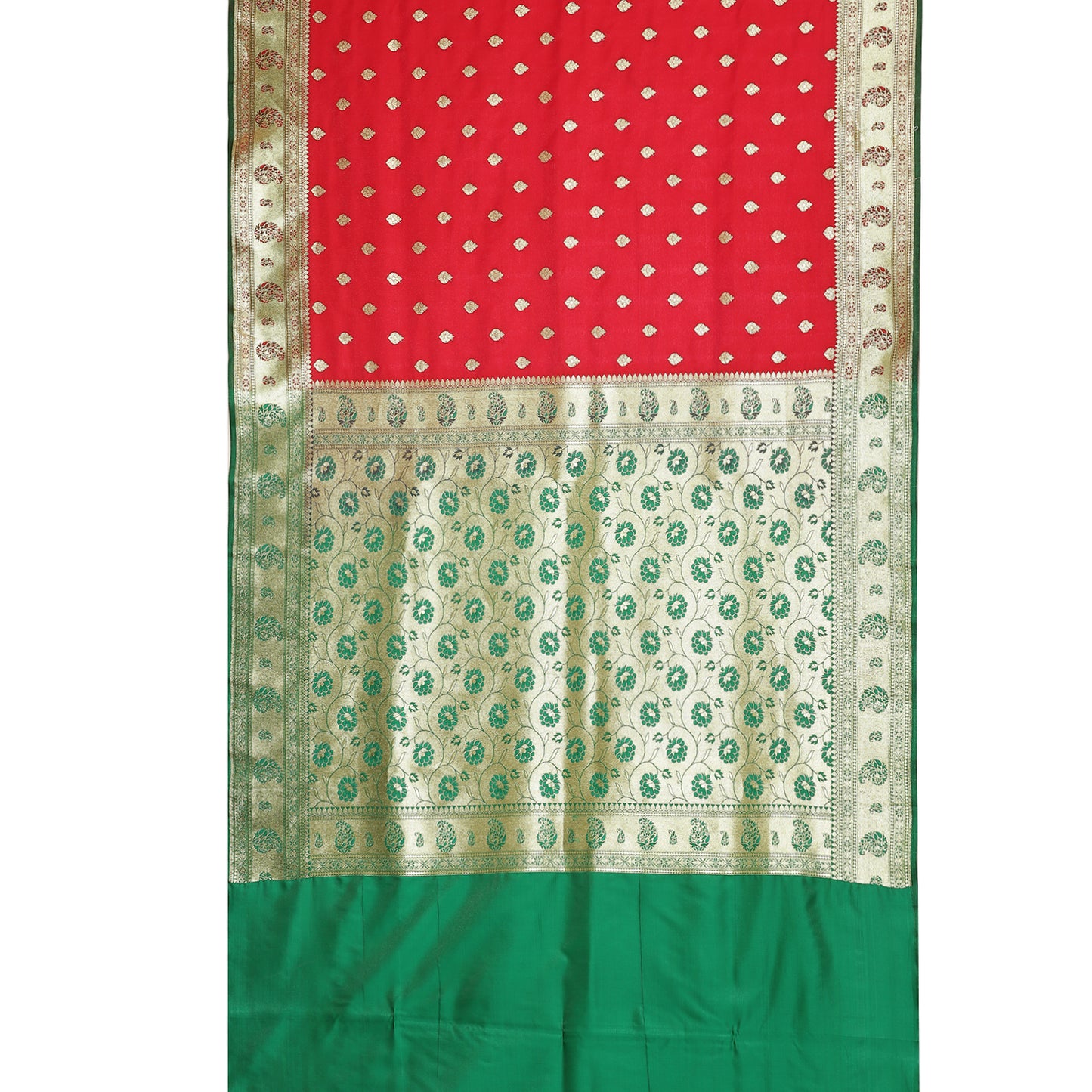 Faishana Presents Red Booti Mughal Motif Satin Silk Banarasi Saree With Paithani Green Borde