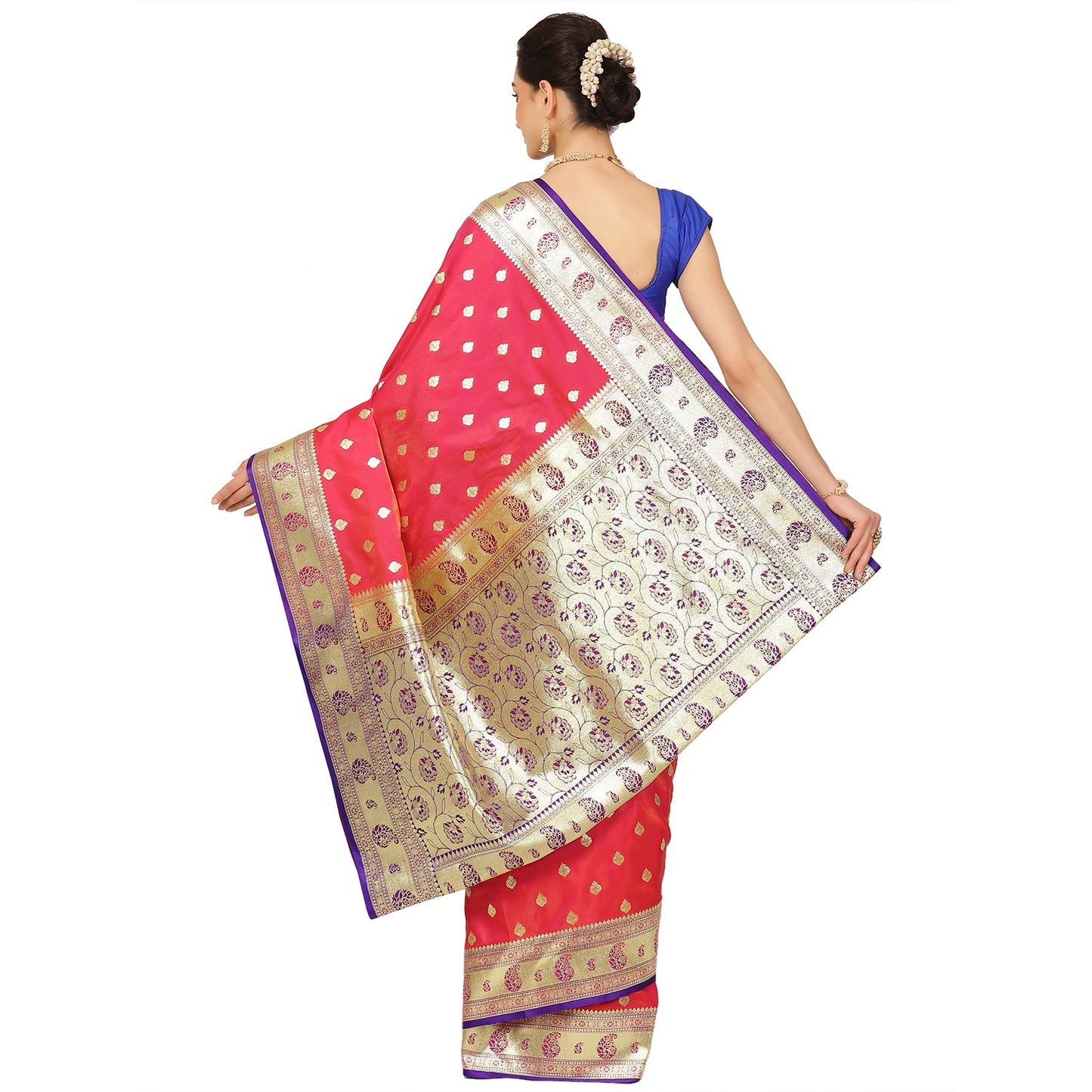 Faishana Presents Pink Booti Mughal Motif Satin Silk Banarasi Saree With Paithani Blue Borde