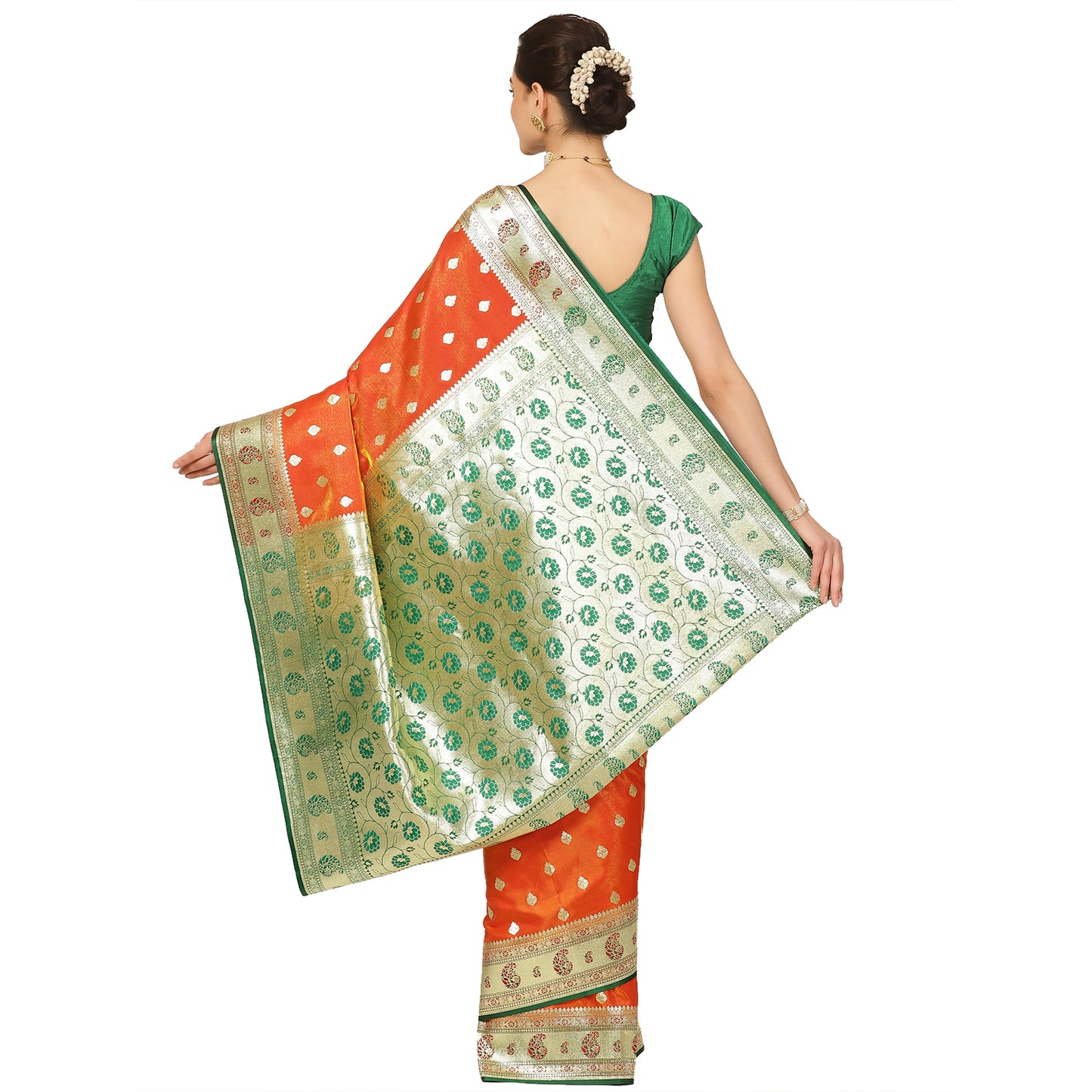Faishana Presents Orange Booti Mughal Motif Satin Silk Banarasi Saree With Paithani Green Borde