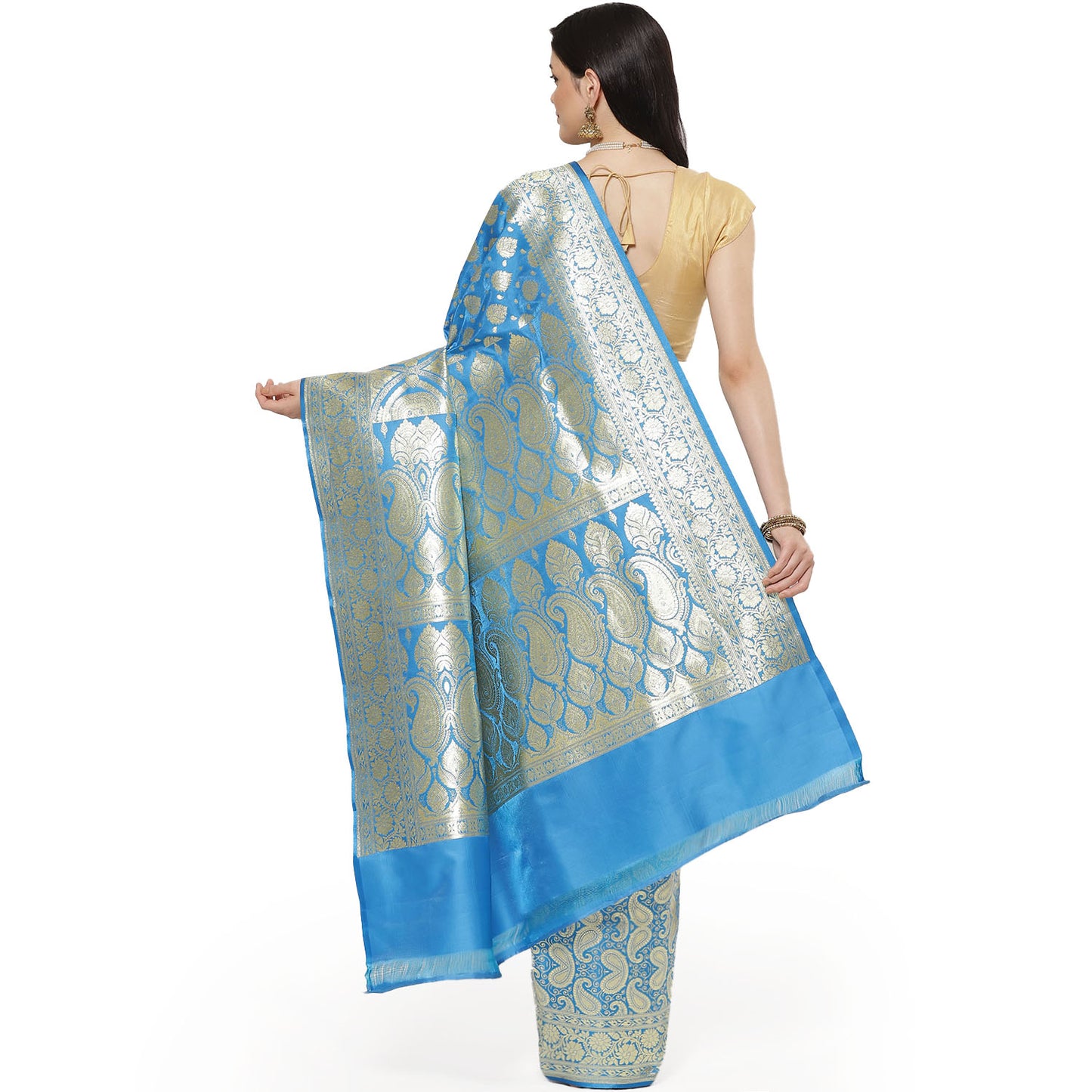 Faishana Presents Torqouise Blue Booti Half Half Mughal Motif Banarasi Satin Silk Saree With Skirt Borde