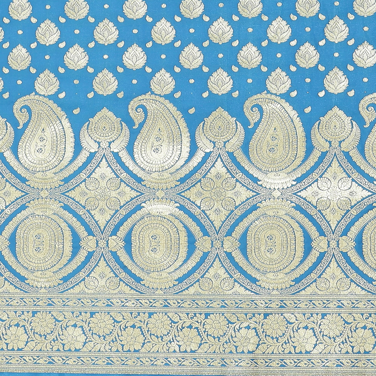 Faishana Presents Torqouise Blue Booti Half Half Mughal Motif Banarasi Satin Silk Saree With Skirt Borde