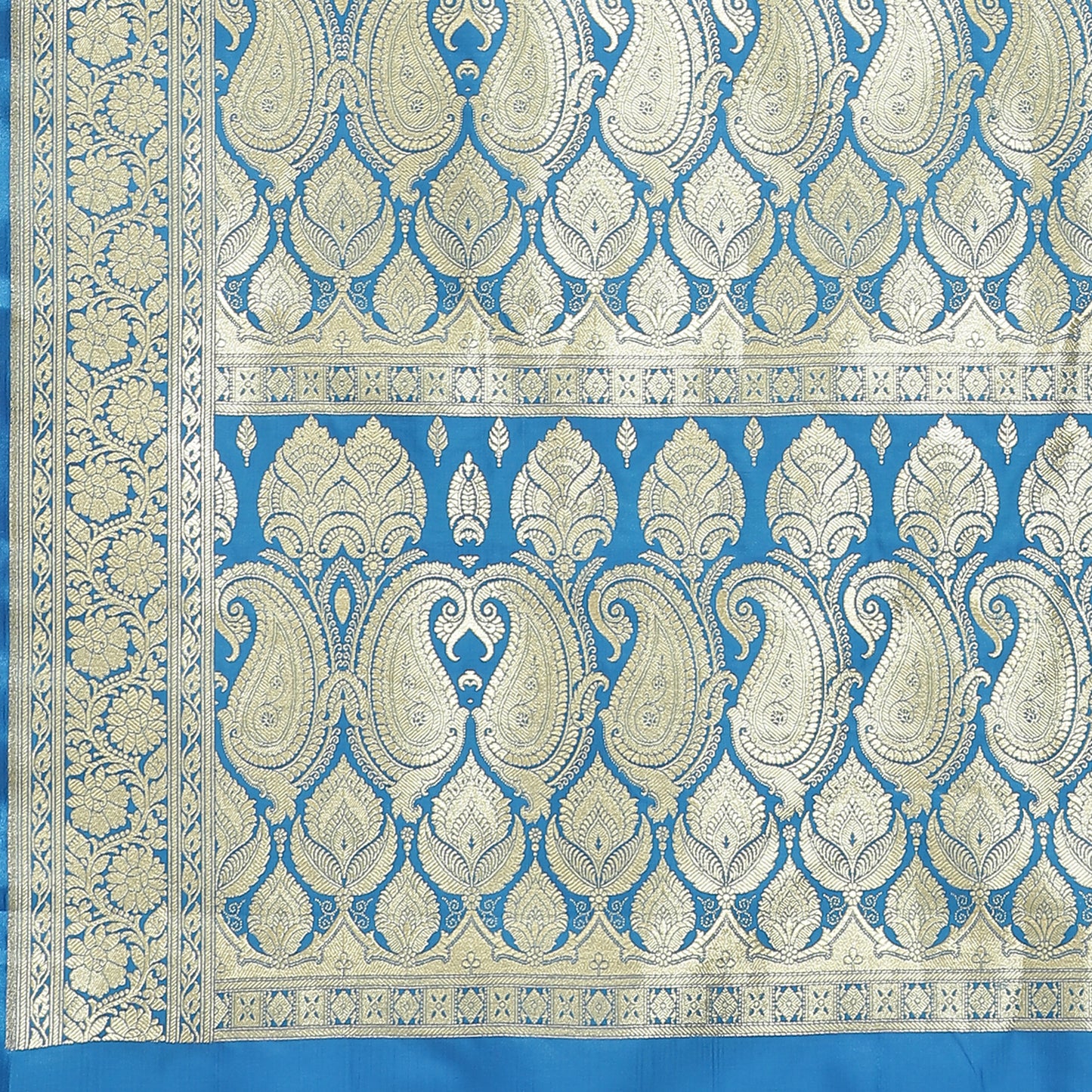 Faishana Presents Torqouise Blue Booti Half Half Mughal Motif Banarasi Satin Silk Saree With Skirt Borde