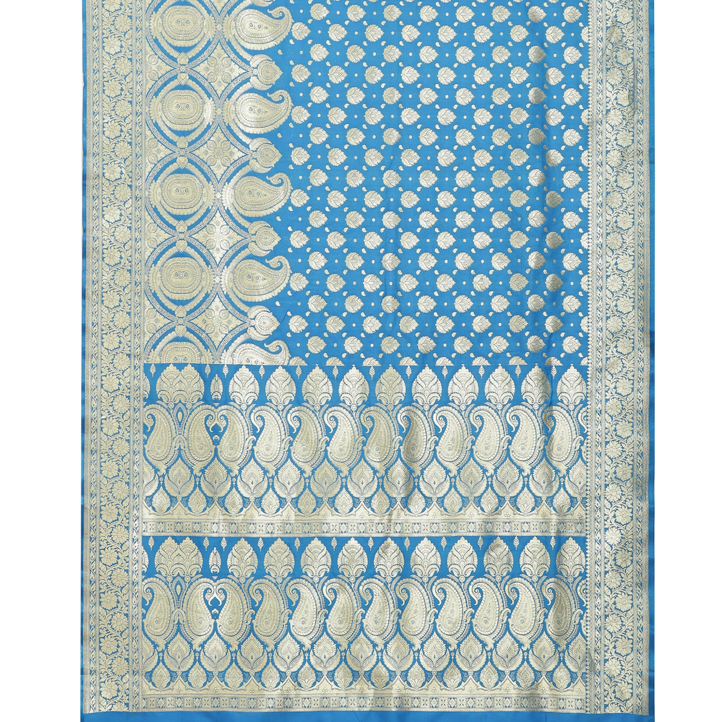Faishana Presents Torqouise Blue Booti Half Half Mughal Motif Banarasi Satin Silk Saree With Skirt Borde