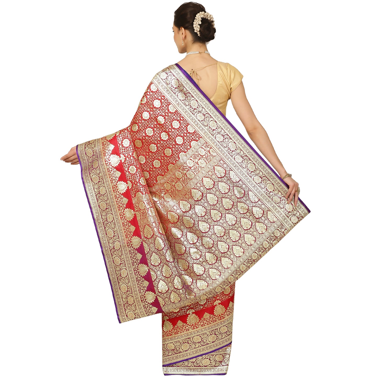 Faishana Presents Pink Jaal Mughal Motif Satin Silk Banarasi Saree Kadiyal Skirt Blue Borde