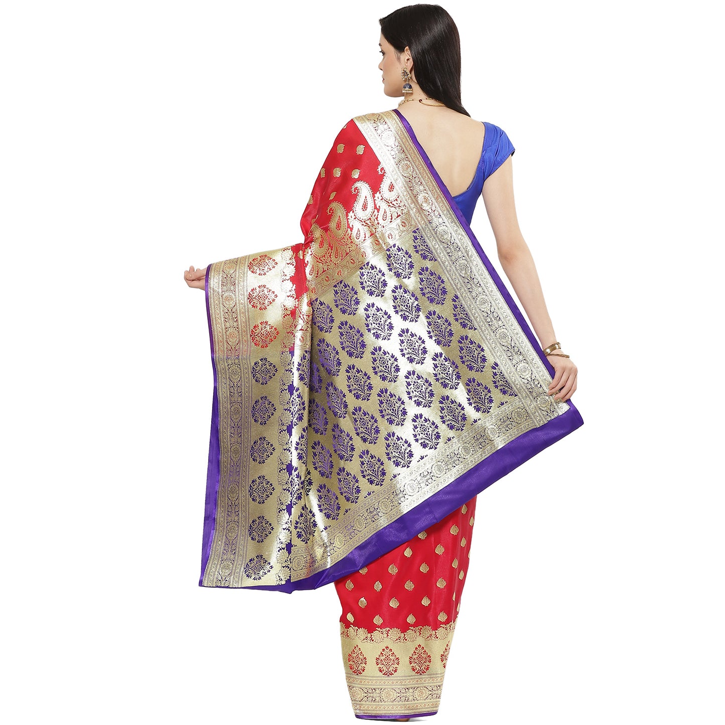 Faishana Presents Pink Booti Mughal Motif Banarasi Satin Silk With Skirt Kadiyal Paithani Blue Borde