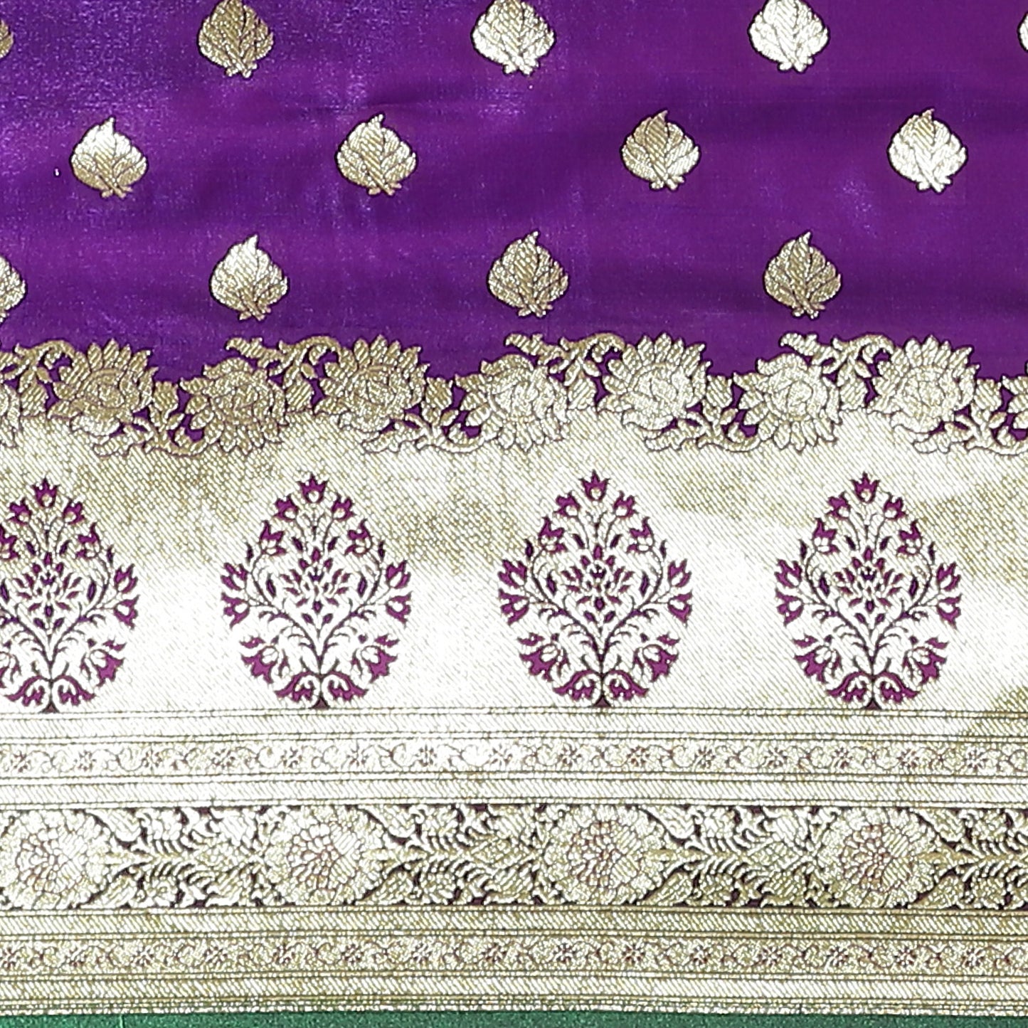Faishana Presents Purple Booti Mughal Motif Banarasi Satin Silk With Skirt Kadiyal Paithani Green Borde