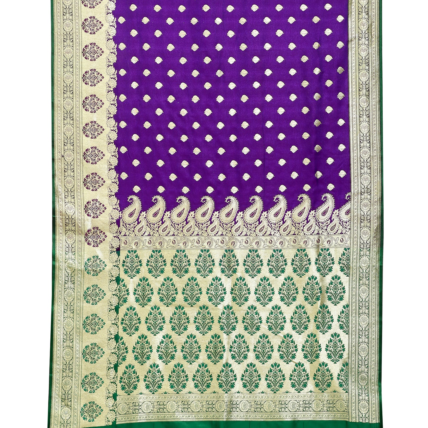 Faishana Presents Purple Booti Mughal Motif Banarasi Satin Silk With Skirt Kadiyal Paithani Green Borde