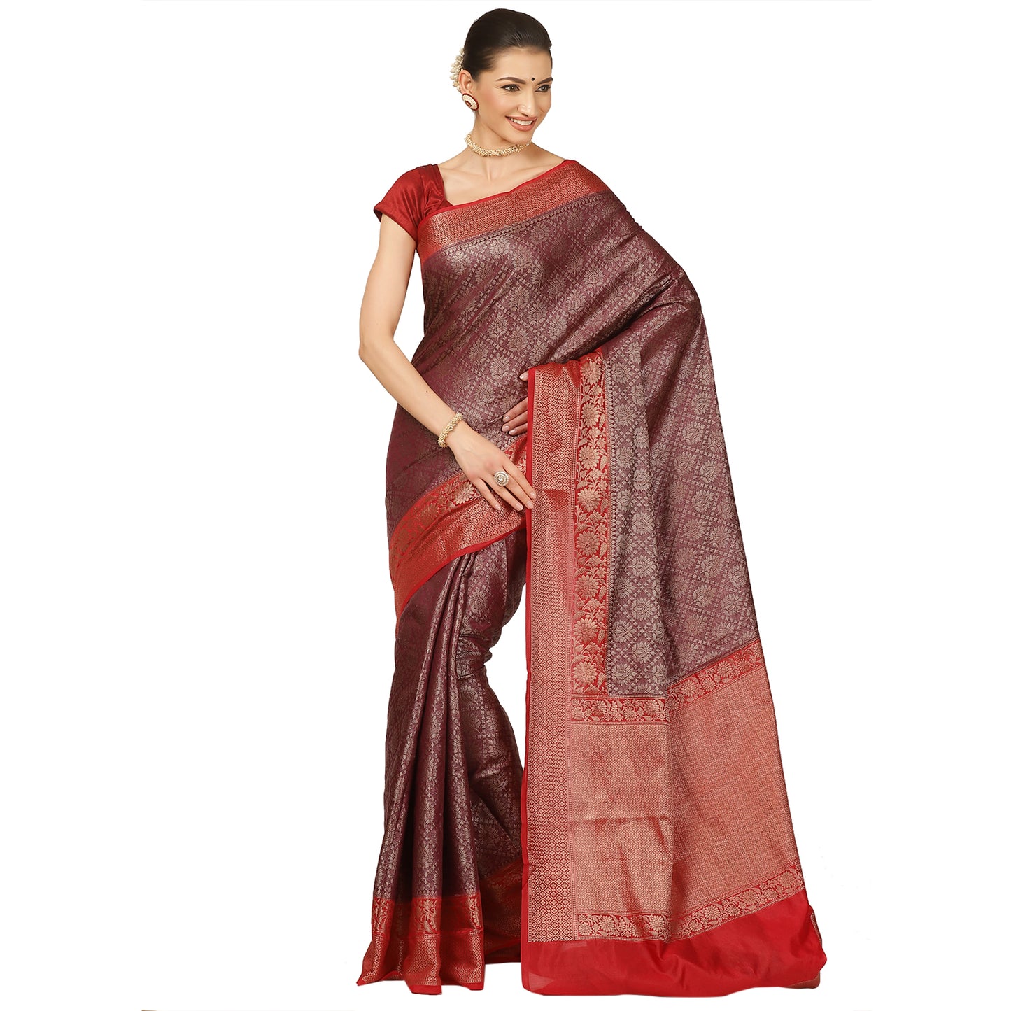 Brown Cotton Blend Banarasi Sarees For Women GECT25