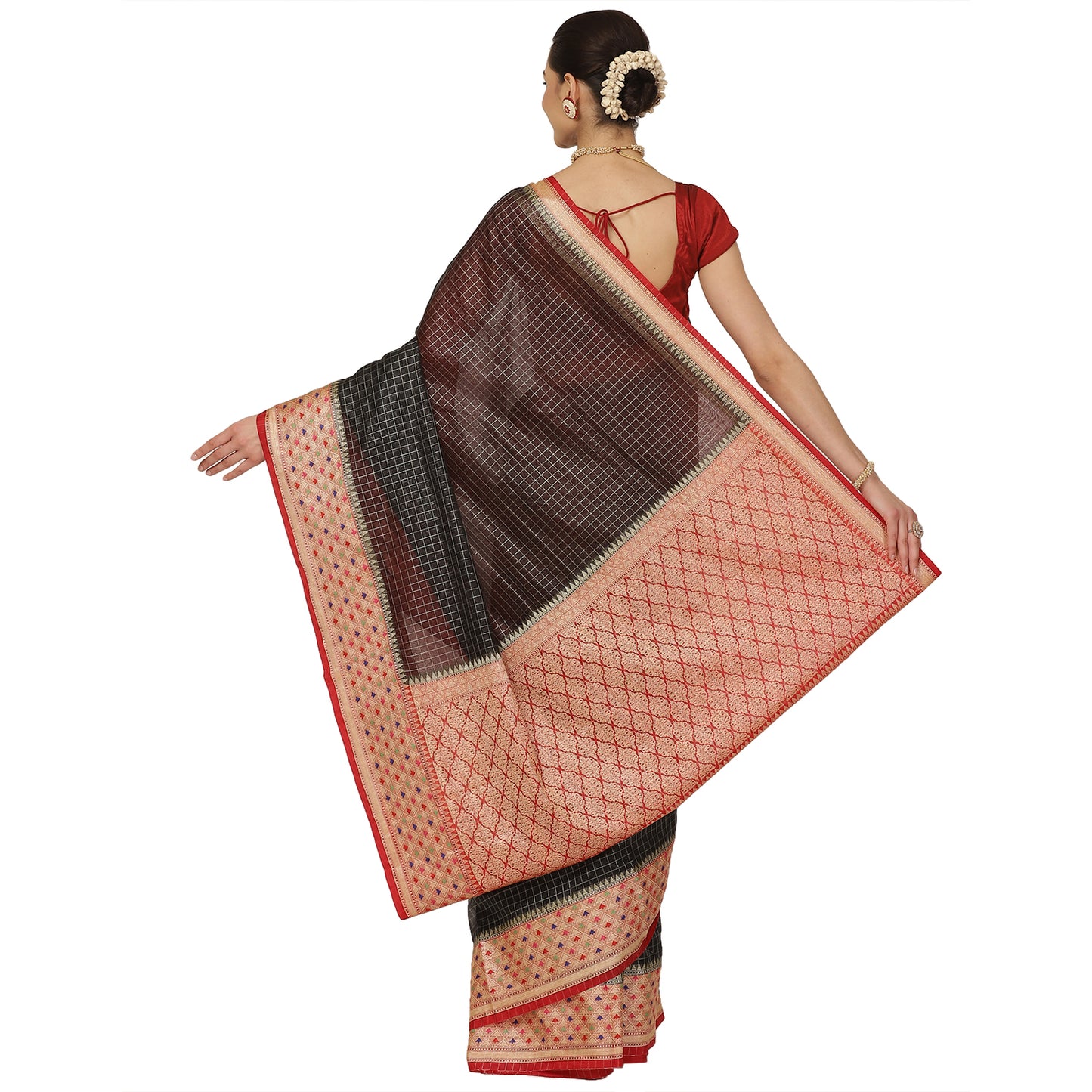 Faishana Presents Black Organza Zari Check With Skirt Tilfi Kadiyal Red Contrast Border Banarasi Saree