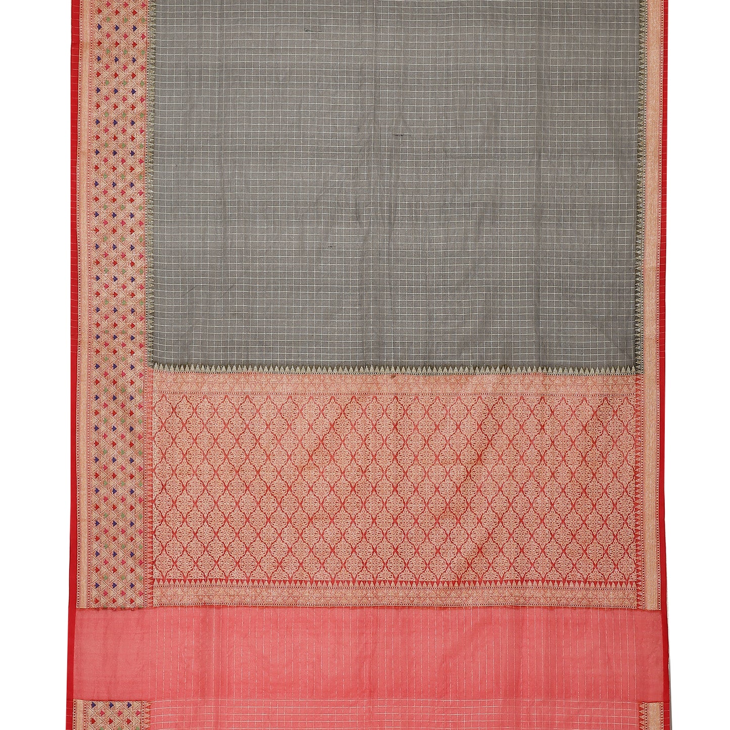 Faishana Presents Black Organza Zari Check With Skirt Tilfi Kadiyal Red Contrast Border Banarasi Saree