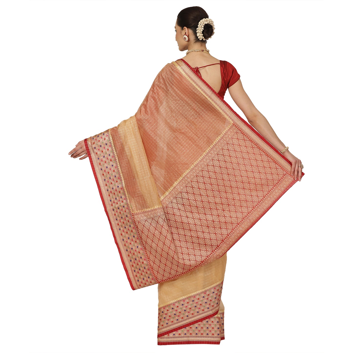 Faishana Presents Tussar Cream Organza Zari Check With Skirt Tilfi Kadiyal Red Contrast Border Banarasi Saree