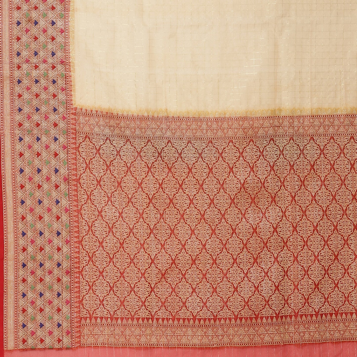 Faishana Presents Tussar Cream Organza Zari Check With Skirt Tilfi Kadiyal Red Contrast Border Banarasi Saree