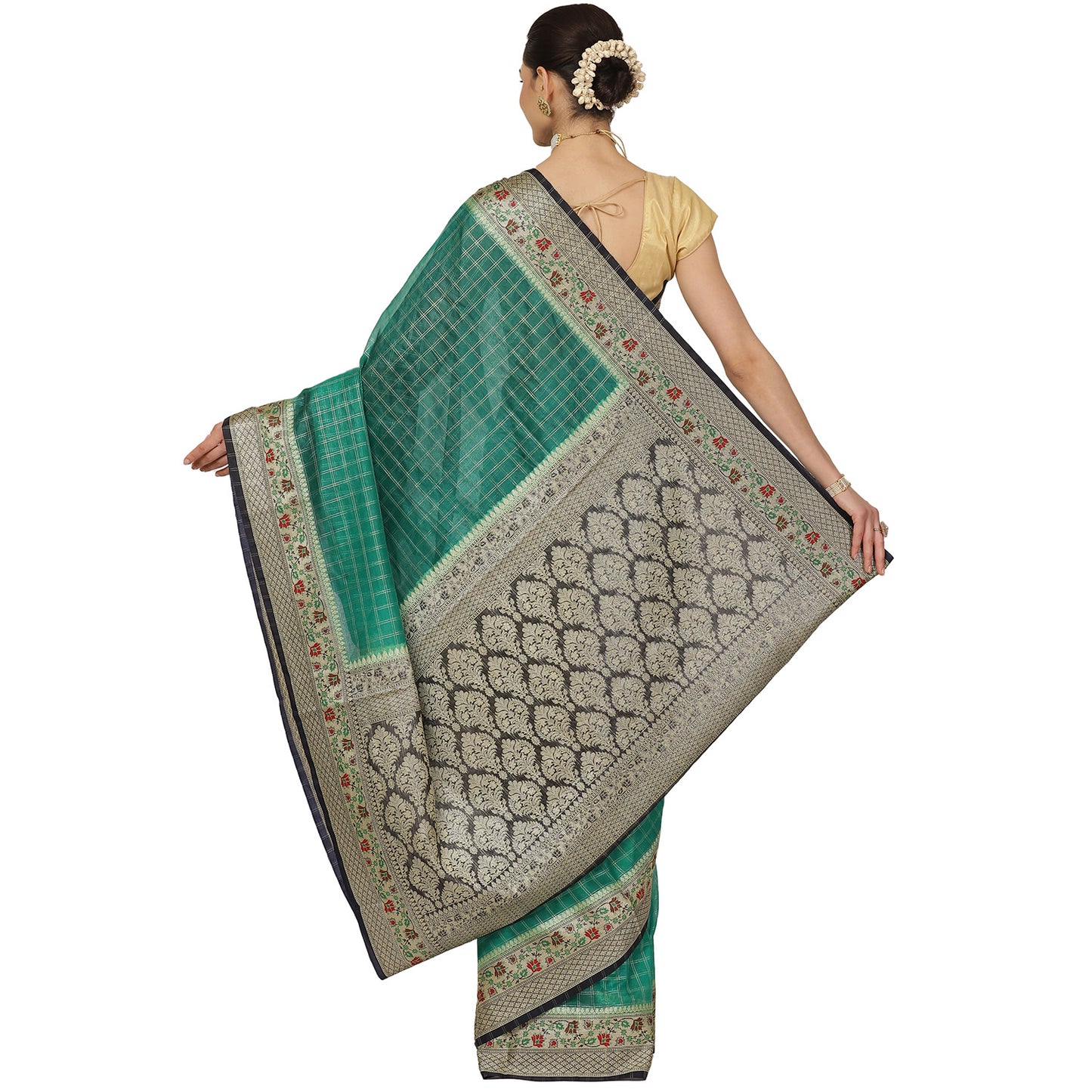 Faishana Presents Green Organza Zari Check Tilfi Kadiyal Black Contrast Border Banarasi Saree