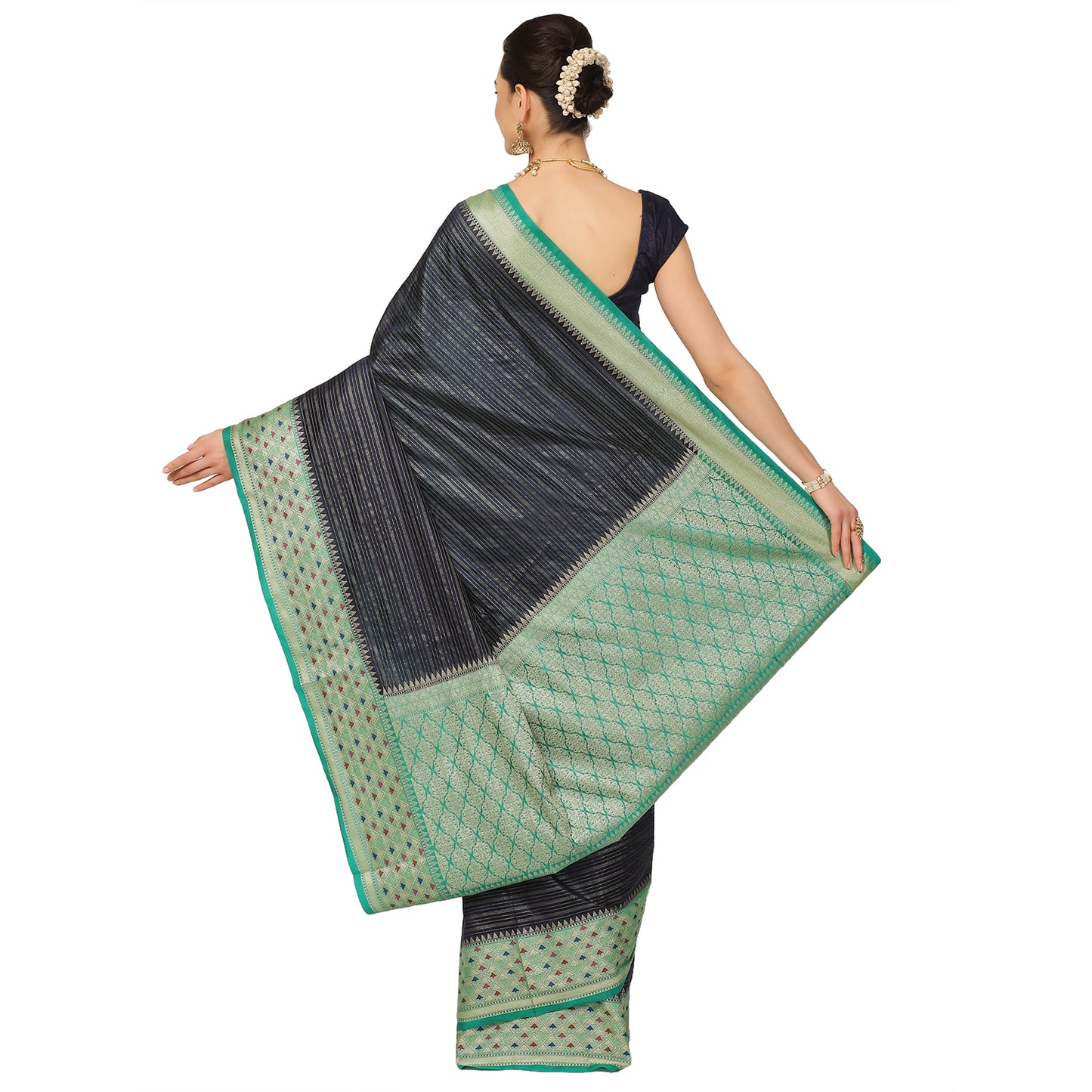 Faishana Presents Navy Blue Organza Zari Check With Tilfi Kadiyal Seagreen Contrast Border Banarasi Saree