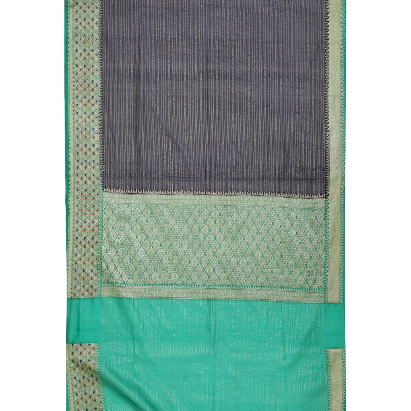 Faishana Presents Navy Blue Organza Zari Check With Tilfi Kadiyal Seagreen Contrast Border Banarasi Saree