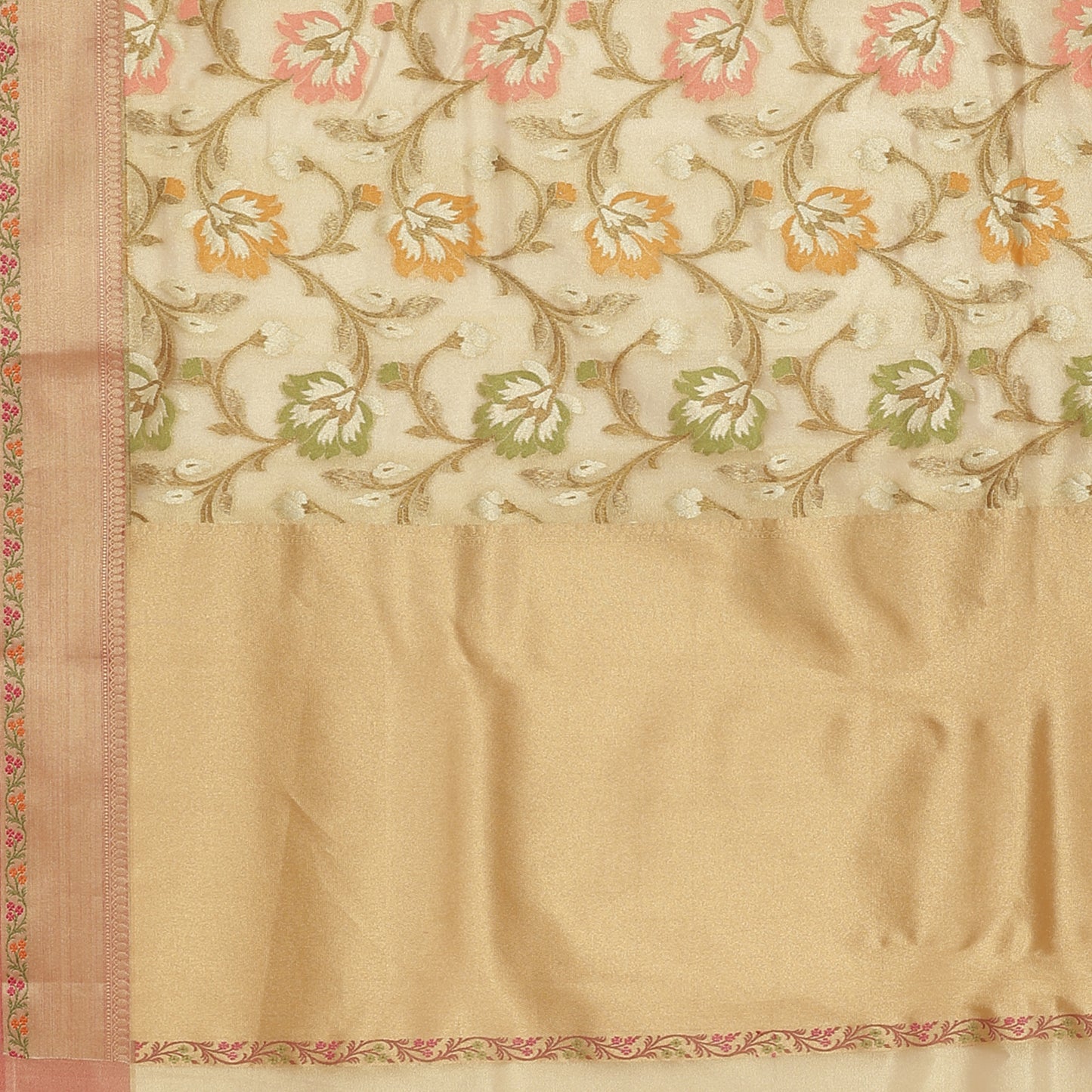 Faishana Presents Beige Tissue Tilfi Jaal Floral Meena Weaving Tilfi Kadiyal Beige Border Banarasi Saree